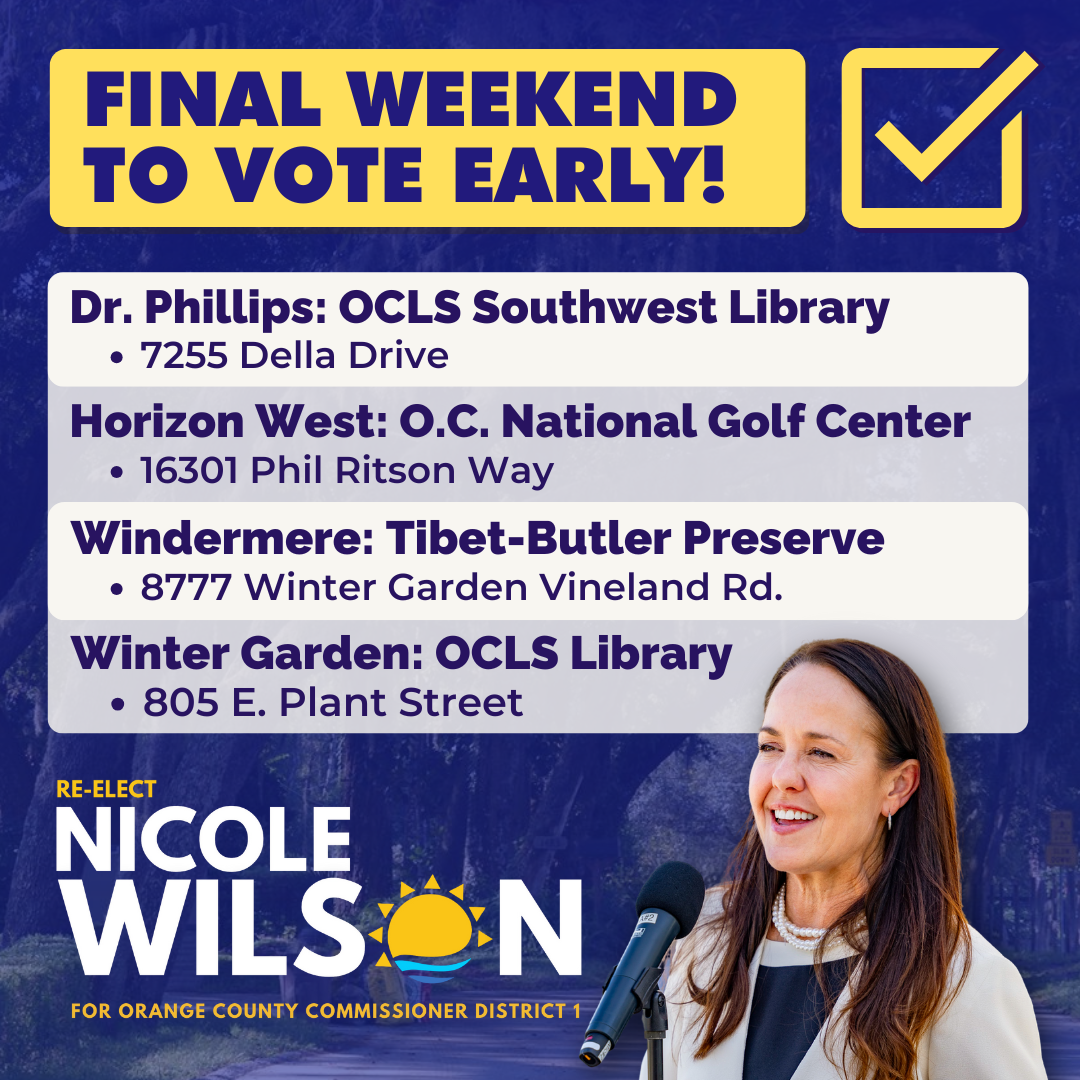 Political campaign poster announcing early voting deadlines with a photo of Nicole Wilson. The poster lists voting locations including Dr. Phillips Southwest Library, Horizon West O.C. National Golf Center, Windermere Tibet-Butler Preserve, and Winte