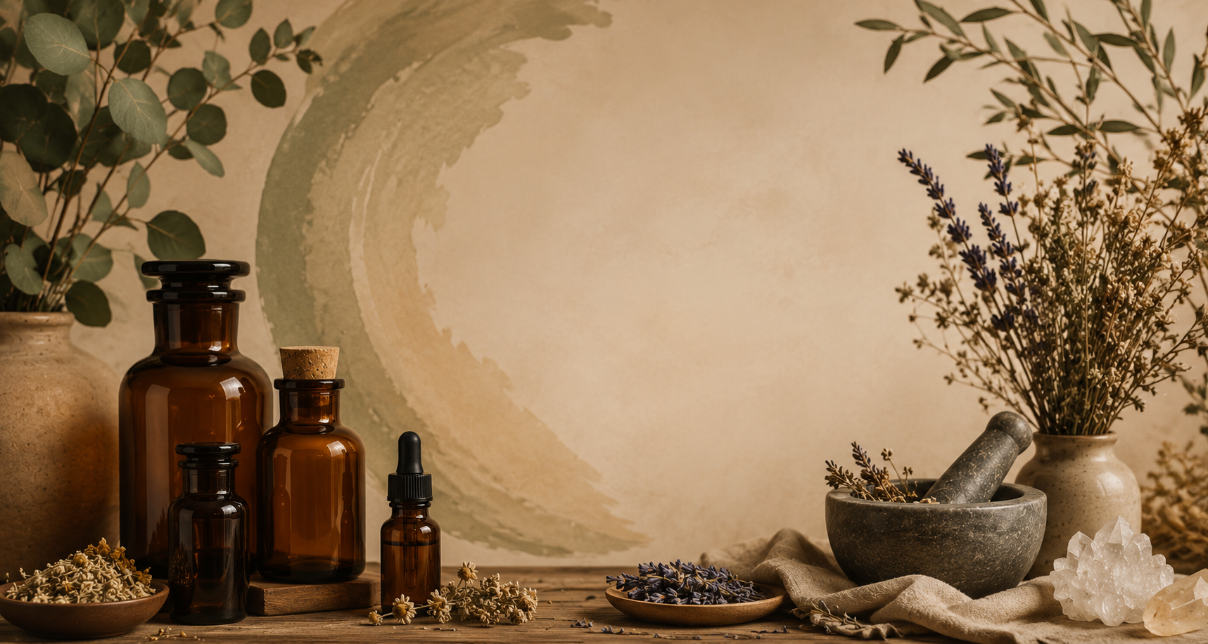 A rustic still life arrangement of brown glass bottles, a mortar and pestle, dried lavender and other herbs, a crystal, and a beige cloth on a wooden surface, with a painted backdrop featuring a circular abstract design.