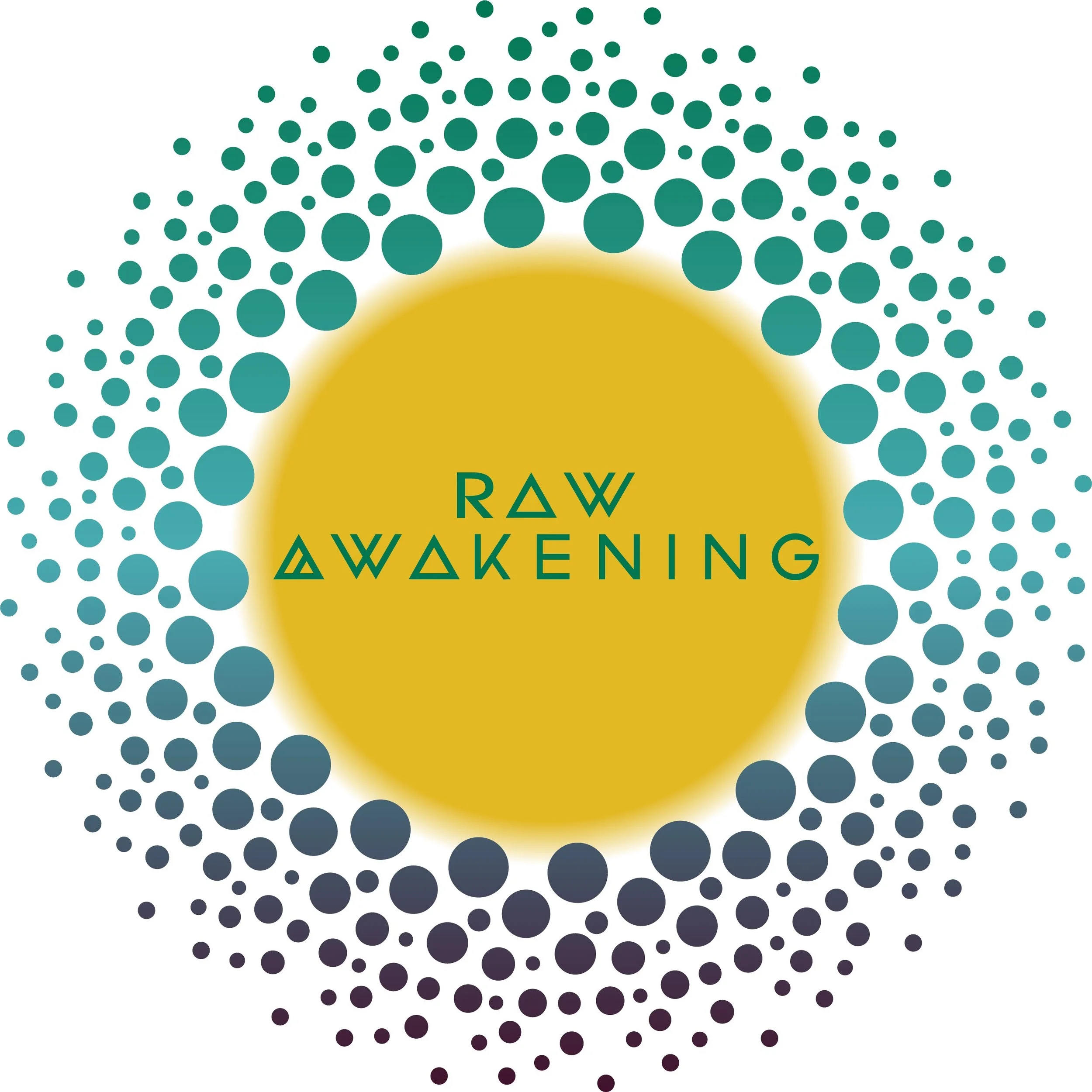 Close-up of a printed design with a yellow circle at the bottom containing the words 'RAW AWARENESS' in green and a series of teal circles radiating outward in a semi-circular pattern.