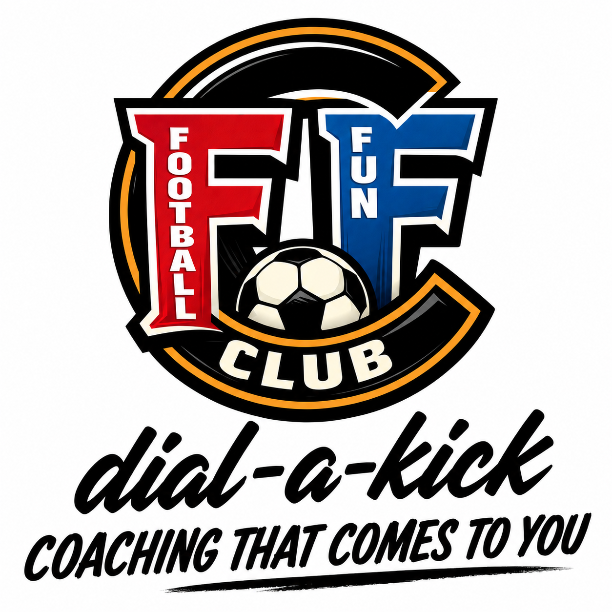 Logo for Dial-a-Kick Football Club with a football and a dog, featuring red and blue text and the slogan 'Coaching That Comes to You'.