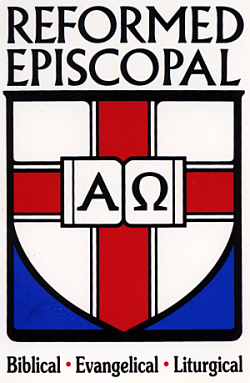 A logo with the words "Reformed Episcopal" at the top, featuring a shield with a red cross, a white background, and blue accents. The shield has a white square in the center with the Greek letters Alpha and Omega. The bottom text reads "Biblical, Evangelical, Liturgical."