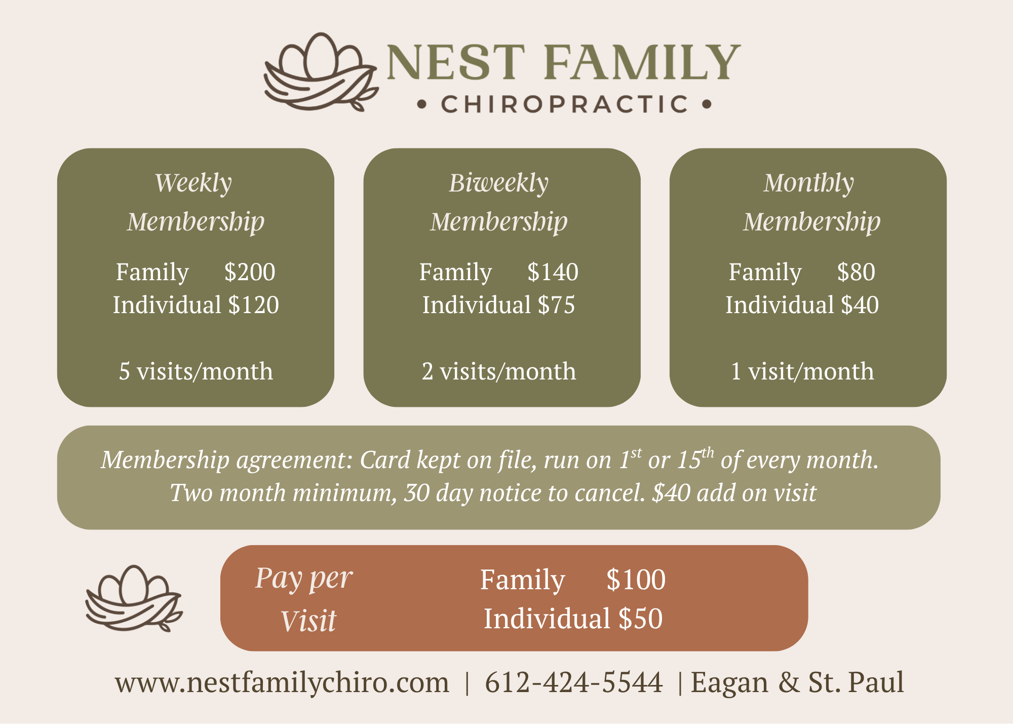 Price and membership options for nesting family chiropractic include weekly, biweekly, and monthly plans with different fees for family and individual memberships, along with membership agreement details and contact information.
