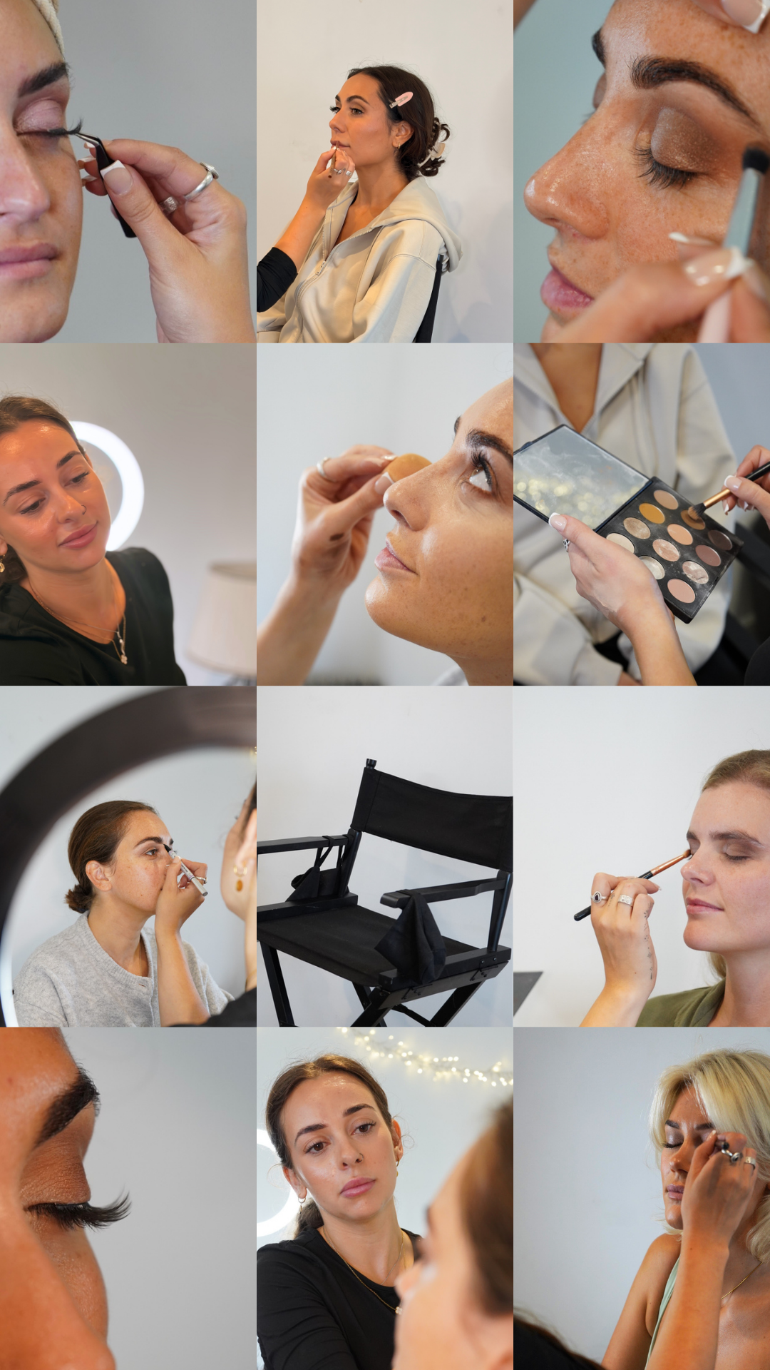Collage of makeup artists applying eye makeup, foundation, and lipstick during professional beauty sessions, with an eyeshadow palette and director’s chair.