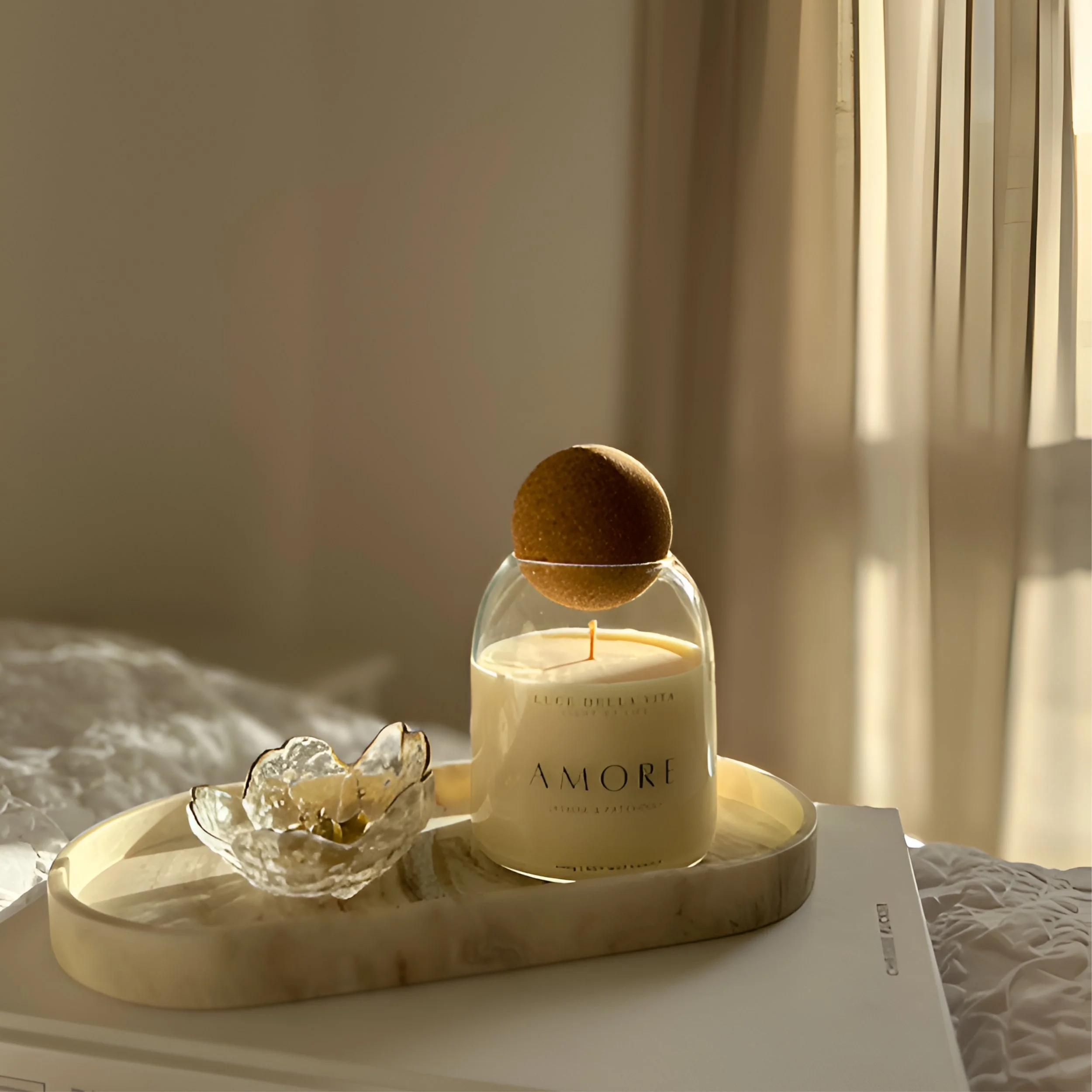 A lit candle in a glass holder on a white surface, with an orange spherical object on top, sunlight streaming through a window with vertical blinds in the background, and crumpled white paper or tissue on the surface.