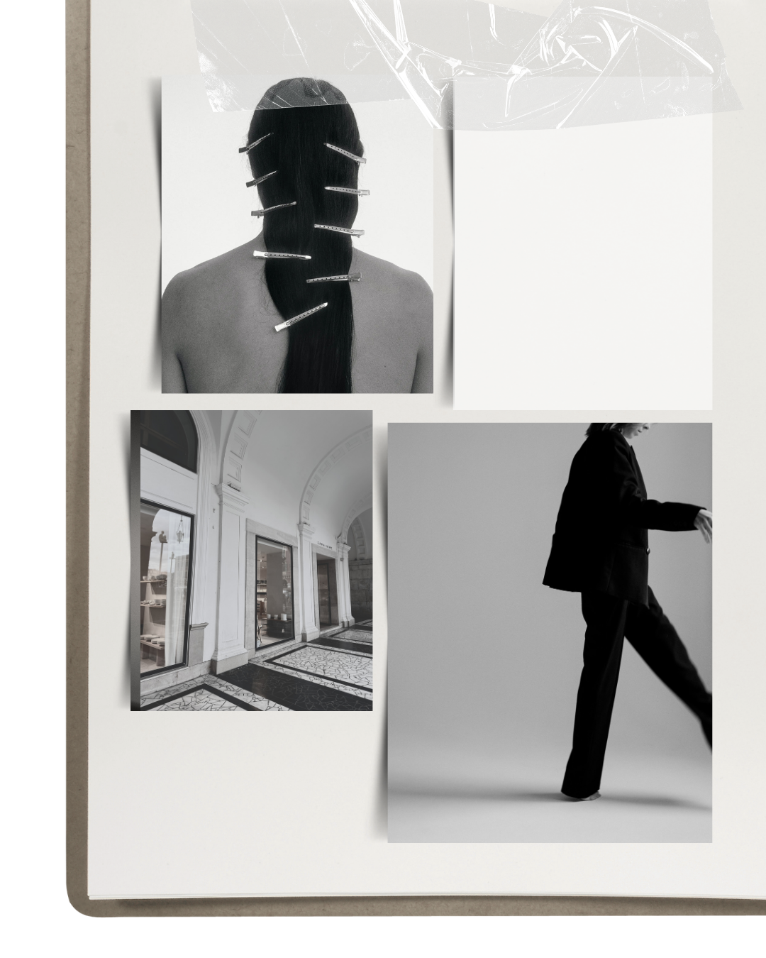 Collage of black and white photos on a board, including a woman with clips on her long hair, a picture of an interior hallway with large windows, and a person in a suit walking.