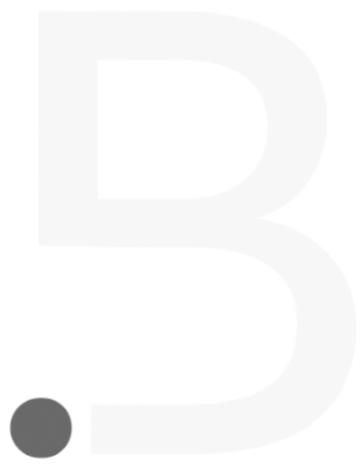 Close-up of a large black and white letter B with a gray dot at the bottom left.