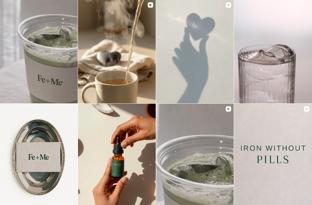 A collage of eight images related to health and wellness, featuring herbal tea, a hand pouring a liquid, a shadow holding a heart-shaped object, a glass of water, a silver tray with a label 'Fe+Me,' a person holding a small bottle labeled 'Fe+Me,' and a text saying 'IRON WITHOUT PILLS.'