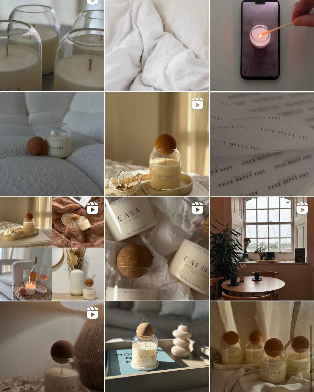 Collage of cozy home scenes with candles, soft bedding, a smartphone, a table by a window, and decorative items, featuring warm, neutral tones.