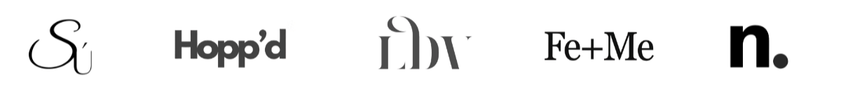 Decorative black and gray text with brand logos and phrases, including 'Hopp'd' and 'Fe+Me'