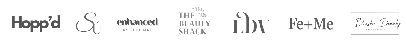 Black-and-white banner featuring logos for beauty and cosmetics brands, including Hopp’d, Si, Enhanced by Ella Mae, The Beauty Shack, Fe+Me, and Blush Beauty.