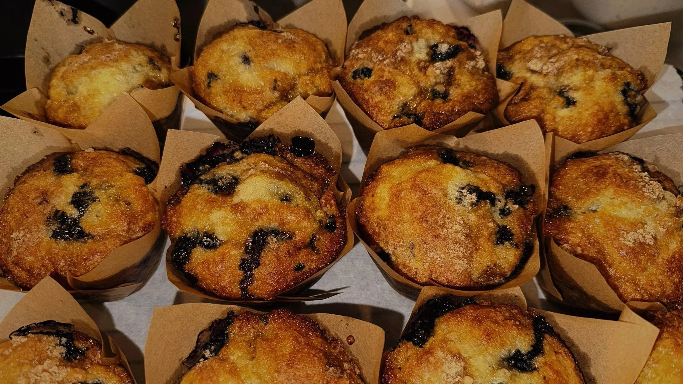 A batch of blueberry muffins.