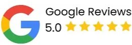 Google Reviews logo with 5.0 rating and five stars