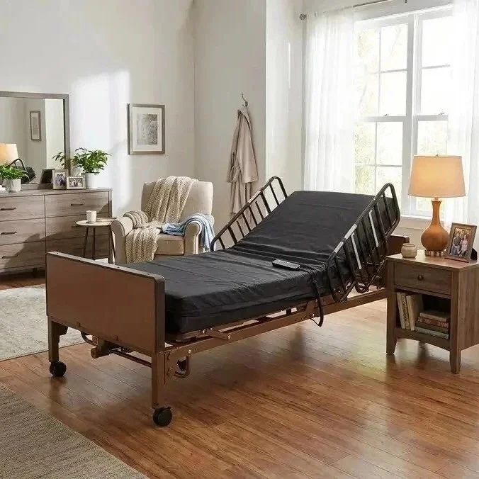 Hospital bed in a cozy bedroom with a black sheet, wooden furniture, a beige armchair with a throw blanket, a side table with a lamp, and a large window with white curtains.