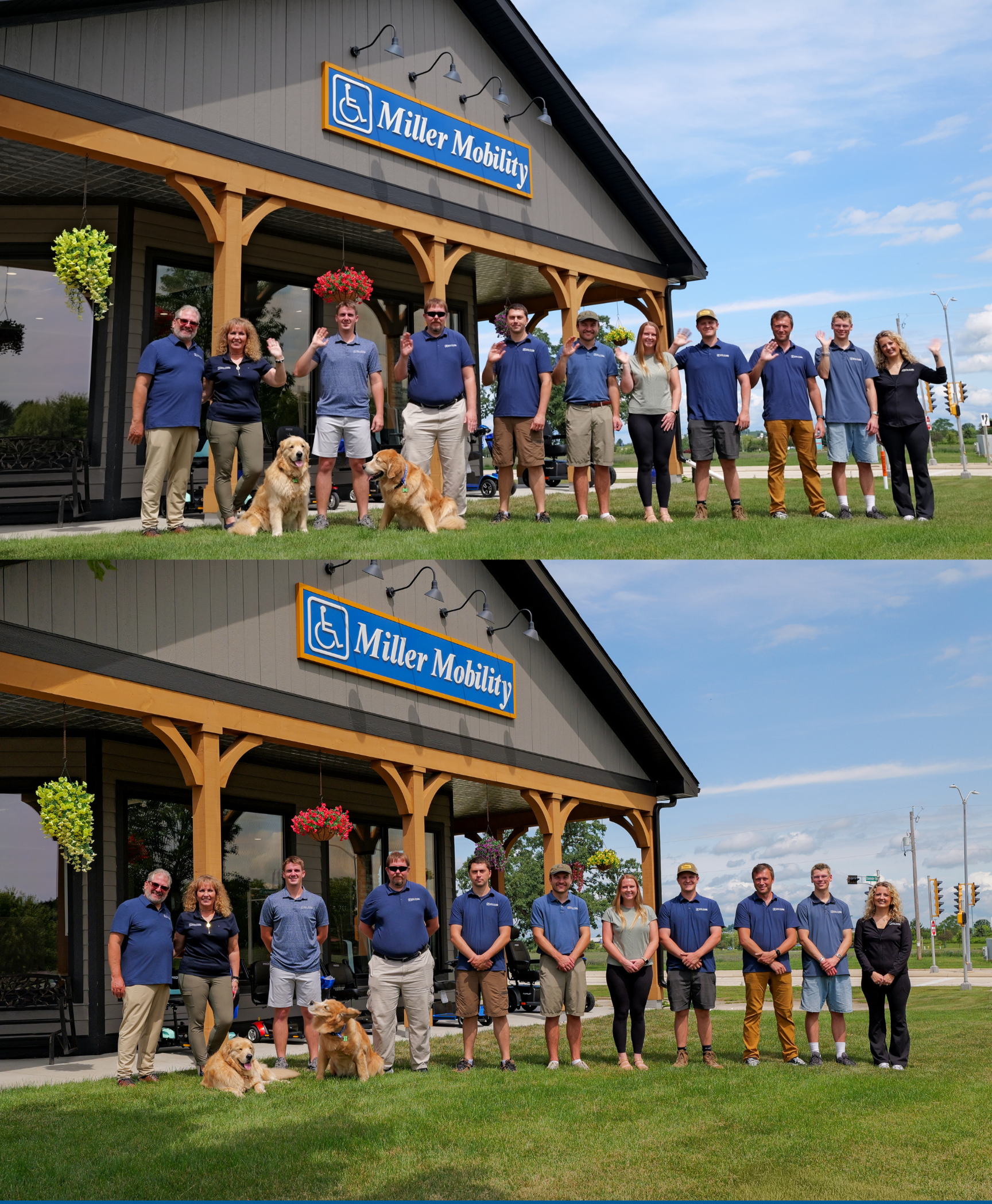 Group of people standing outside Miller Mobility building, some waving, with two dogs sitting on the grass in front. The building has hanging flower baskets and a blue sign with wheelchair symbol and Miller Mobility text.