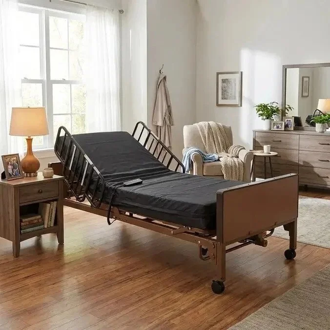 A hospital bed with a black bed sheet, situated in a well-lit bedroom with wooden floors, a nightstand with a lamp, a framed photo, and books, a beige armchair with a throw blanket, a wooden dresser with a mirror and plants, and large windows with white curtains.