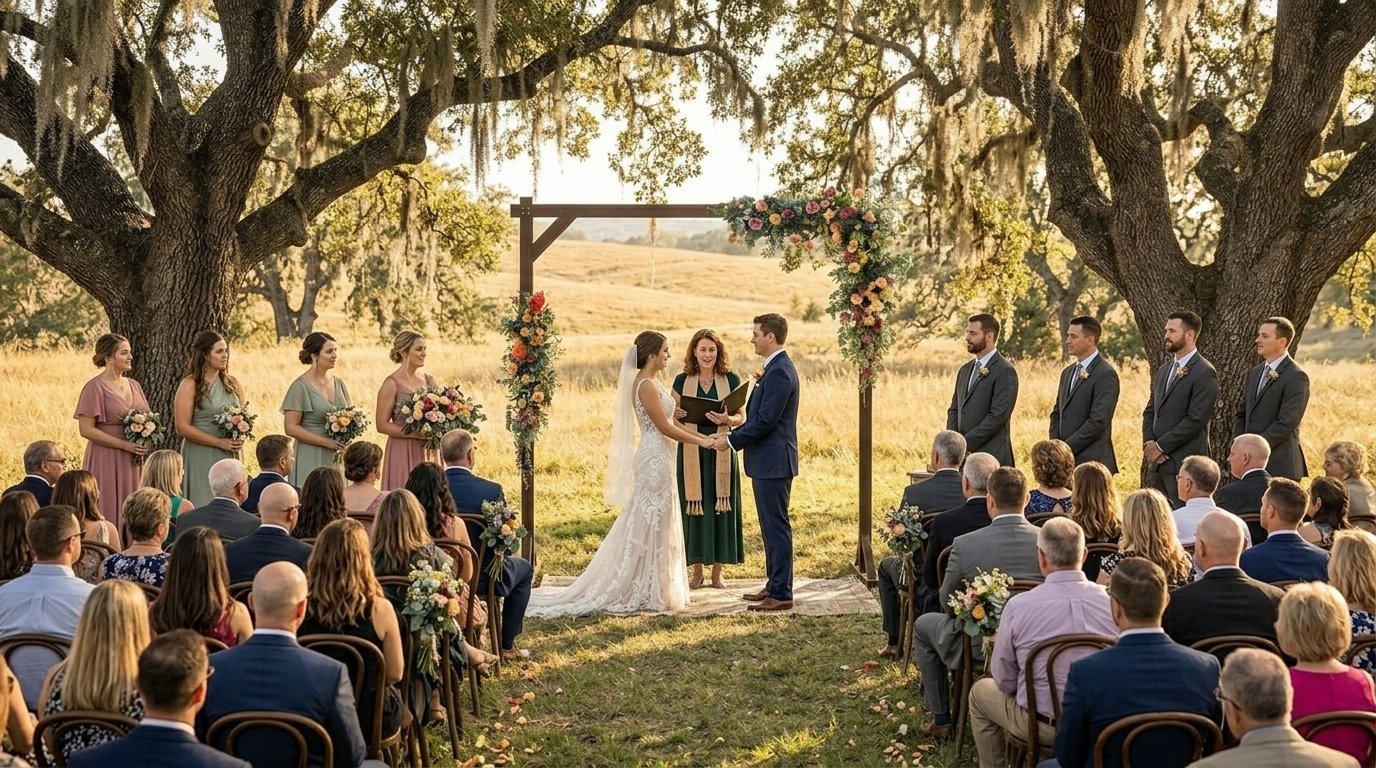 A wedding ceremony outdoors under large trees, with the bride and groom exchanging vows, surrounded by bridesmaids and groomsmen, and seated guests watching.