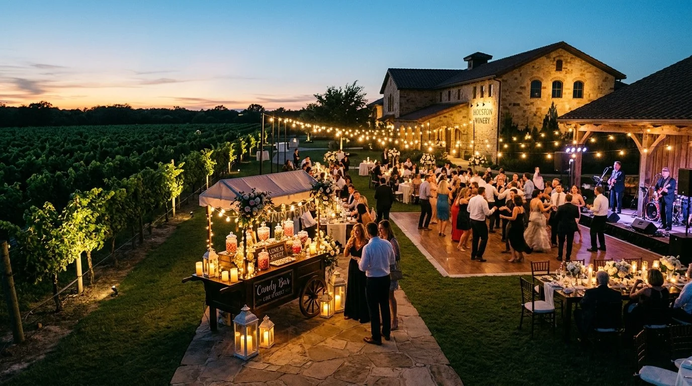 Outdoor wedding reception at sunset with guests dancing, dining, and socializing near a stone winery building, decorated with string lights and floral arrangements.