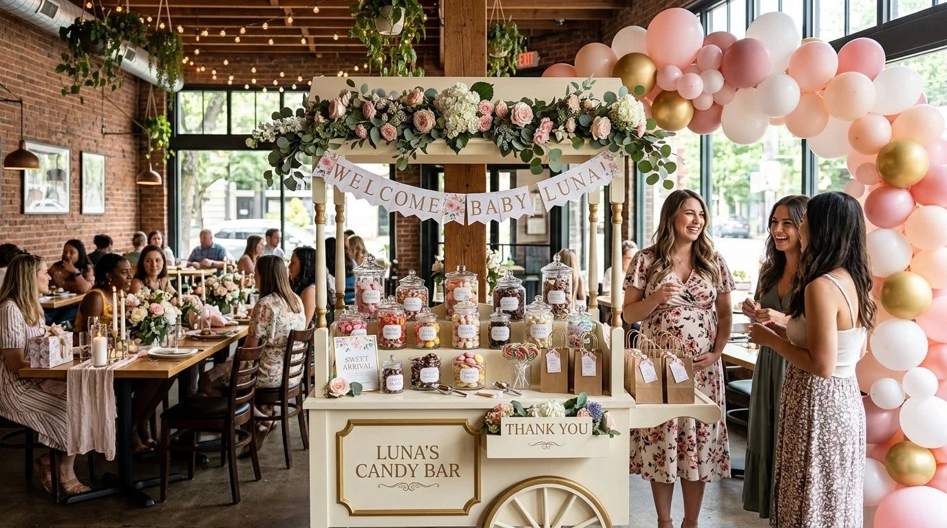 A celebration event with a candy bar decorated with flowers, pink and white balloons, and a 