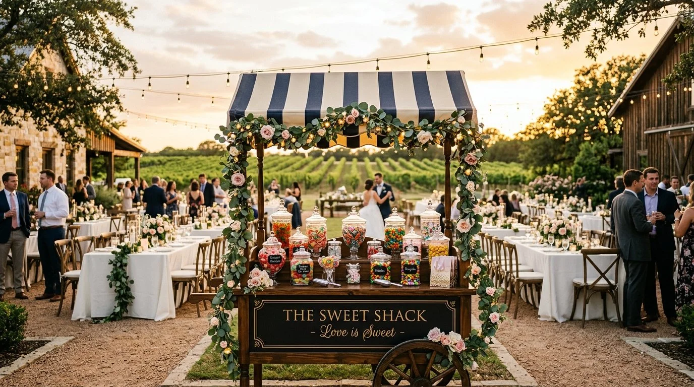 An outdoor wedding reception in a vineyard with long tables, string lights, and a candy booth labeled 'The Sweet Shack - Love is Sweet' decorated with pink and white flowers and greenery, at sunset.