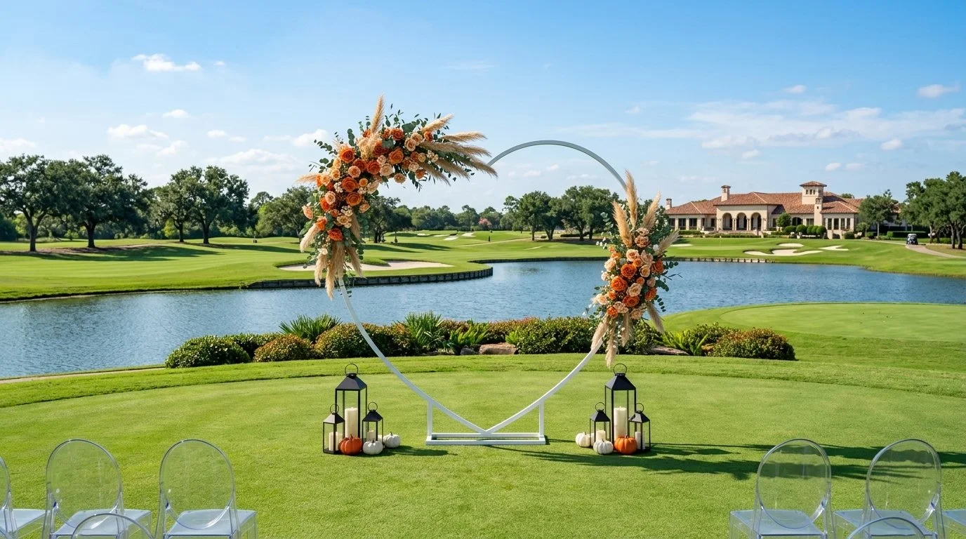 An outdoor wedding setup on a golf course with a large heart-shaped floral arch, lanterns, and pumpkins on a green lawn near a water body. In the background, there is a clubhouse and trees under a blue sky.