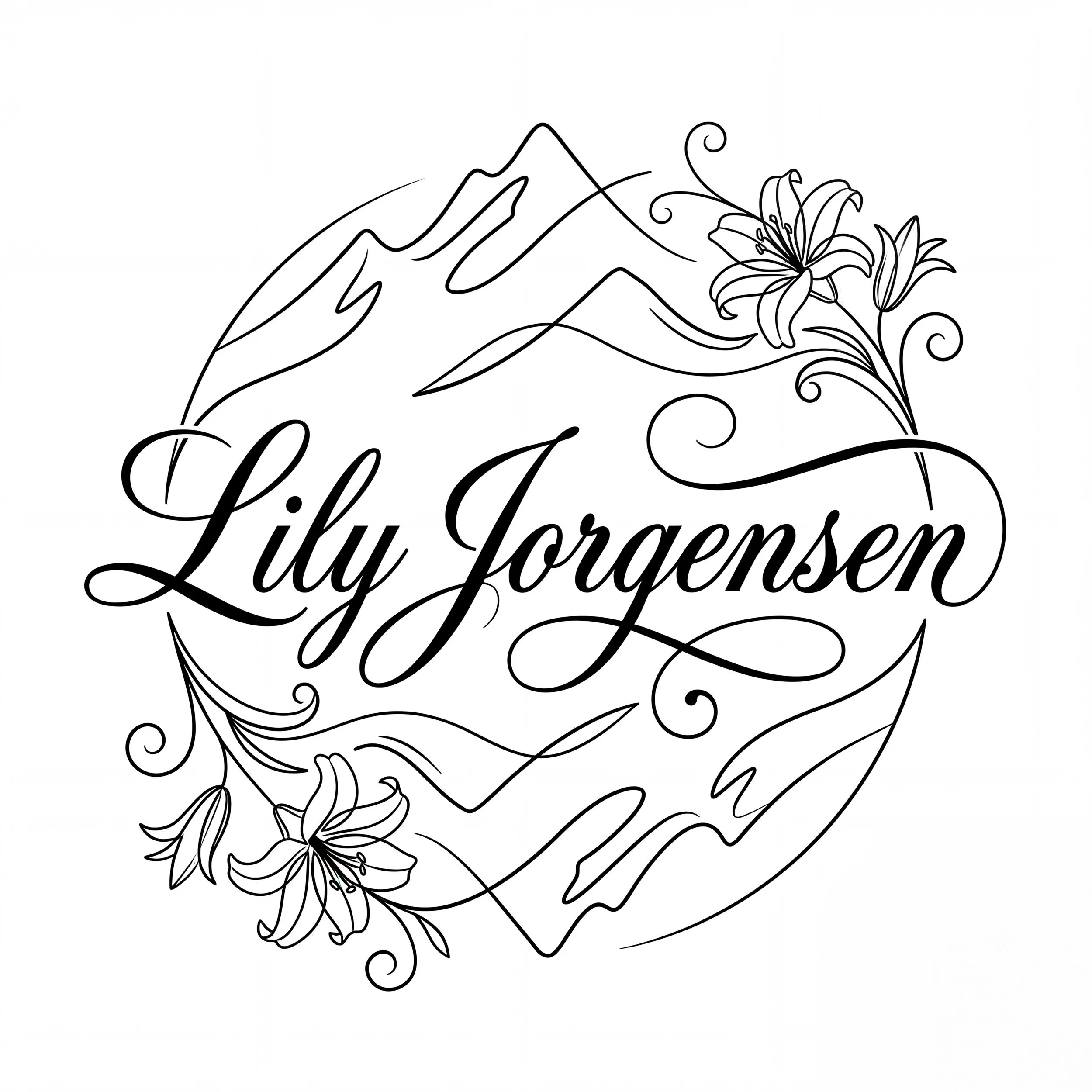 Line art of mountain range with lilies and decorative swirls and the text 'Fly for Essential'.