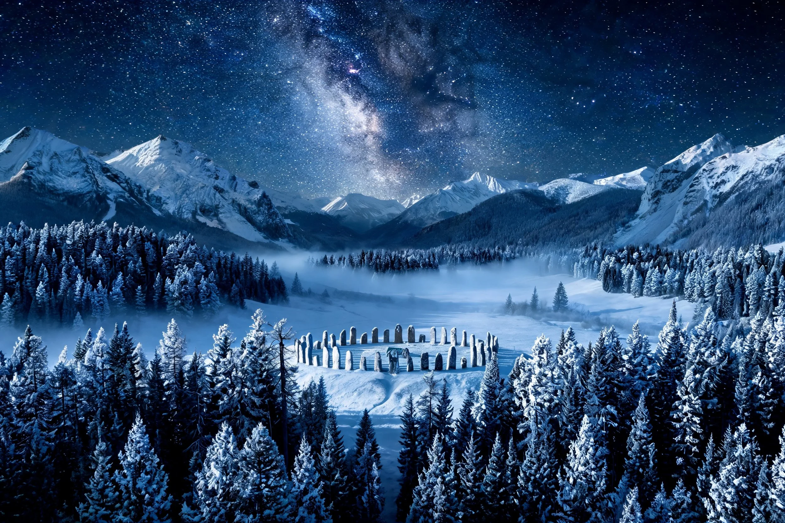 Snow-covered mountains and a forest of snow-dusted trees beneath a starry night sky with the Milky Way galaxy visible.
