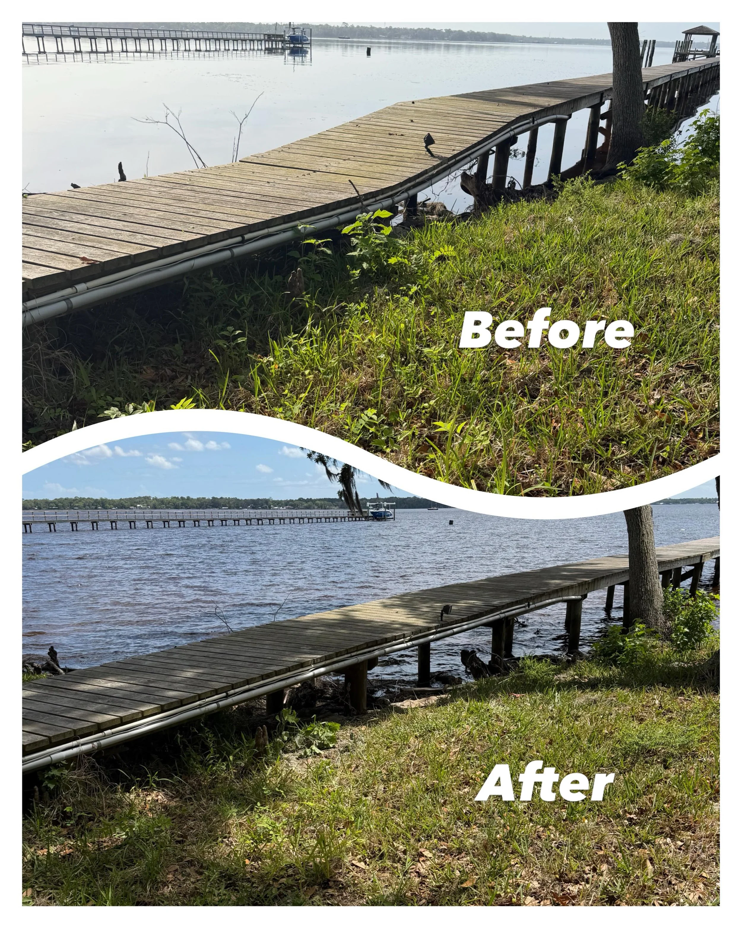 At this waterfront property, ongoing water movement had washed out the soil around the footer leaving the structure without the support it needs.

Our solution:
• Installed new piles to restore proper structural support
• Reinforced the dock and hard