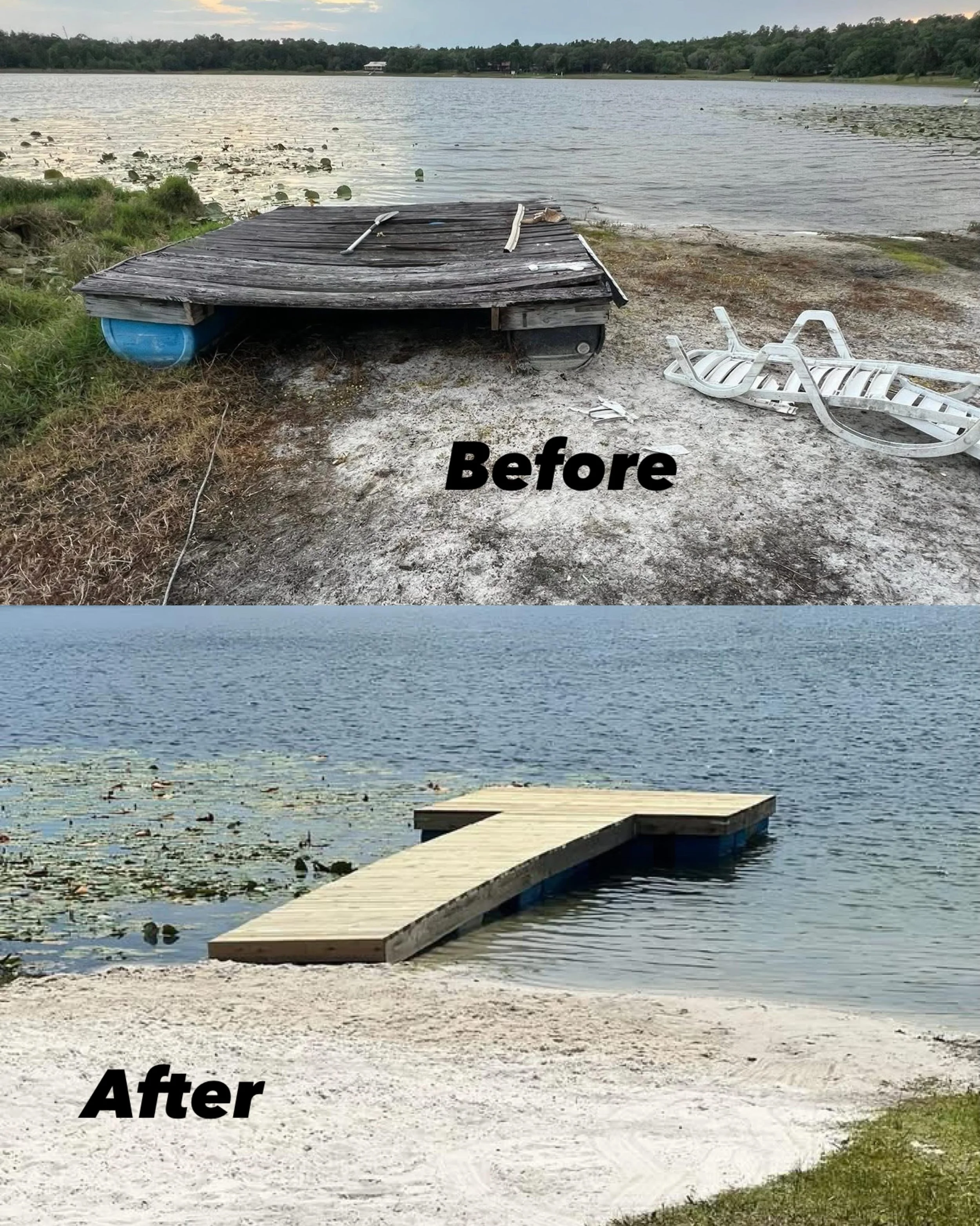 From weathered and worn… to built to last.

This lakefront dock in Interlachen, Florida was completely rebuilt from the ground up, transforming a dilapidated structure into a safe, sturdy, and beautiful space ready for years of memories on the water.