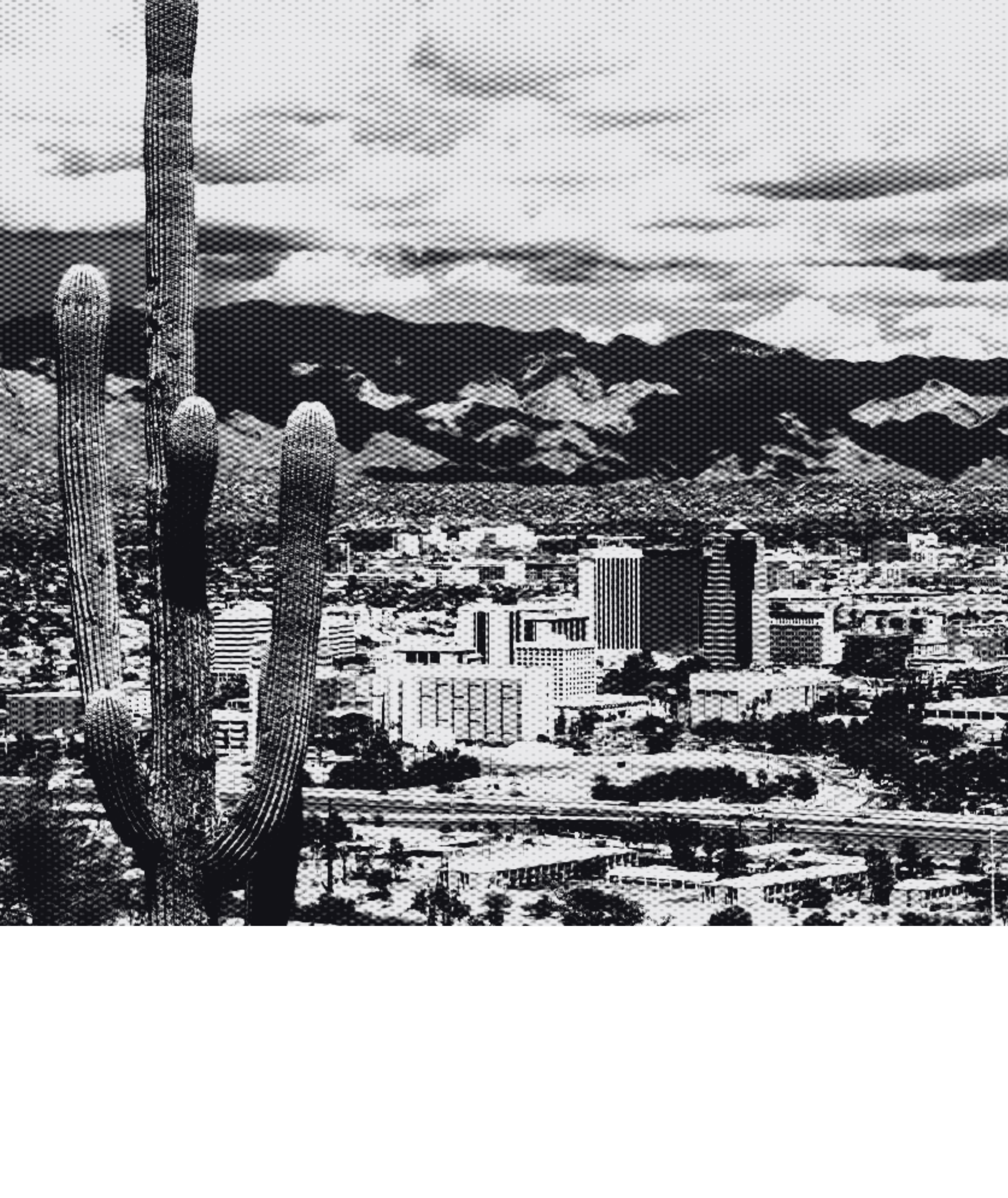 A cityscape in Tucson, Arizona with high-rise buildings, mountains in the background, and a cloudy sky. The foreground has some tall cacti and desert vegetation.