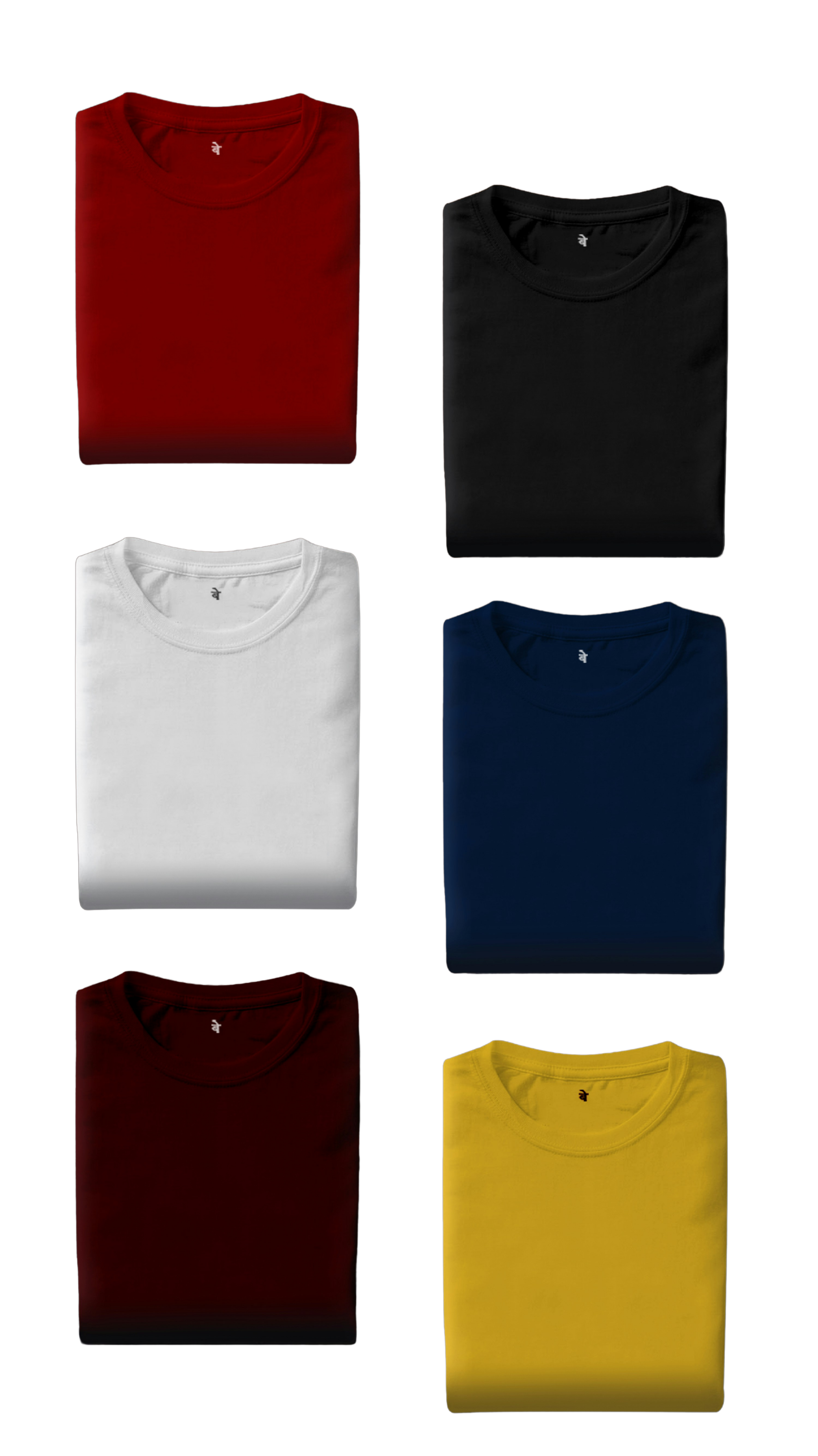 Six folded T-shirts in different colors: red, black, white, navy blue, maroon, and yellow, each with a small logo on the inside of the collar.
