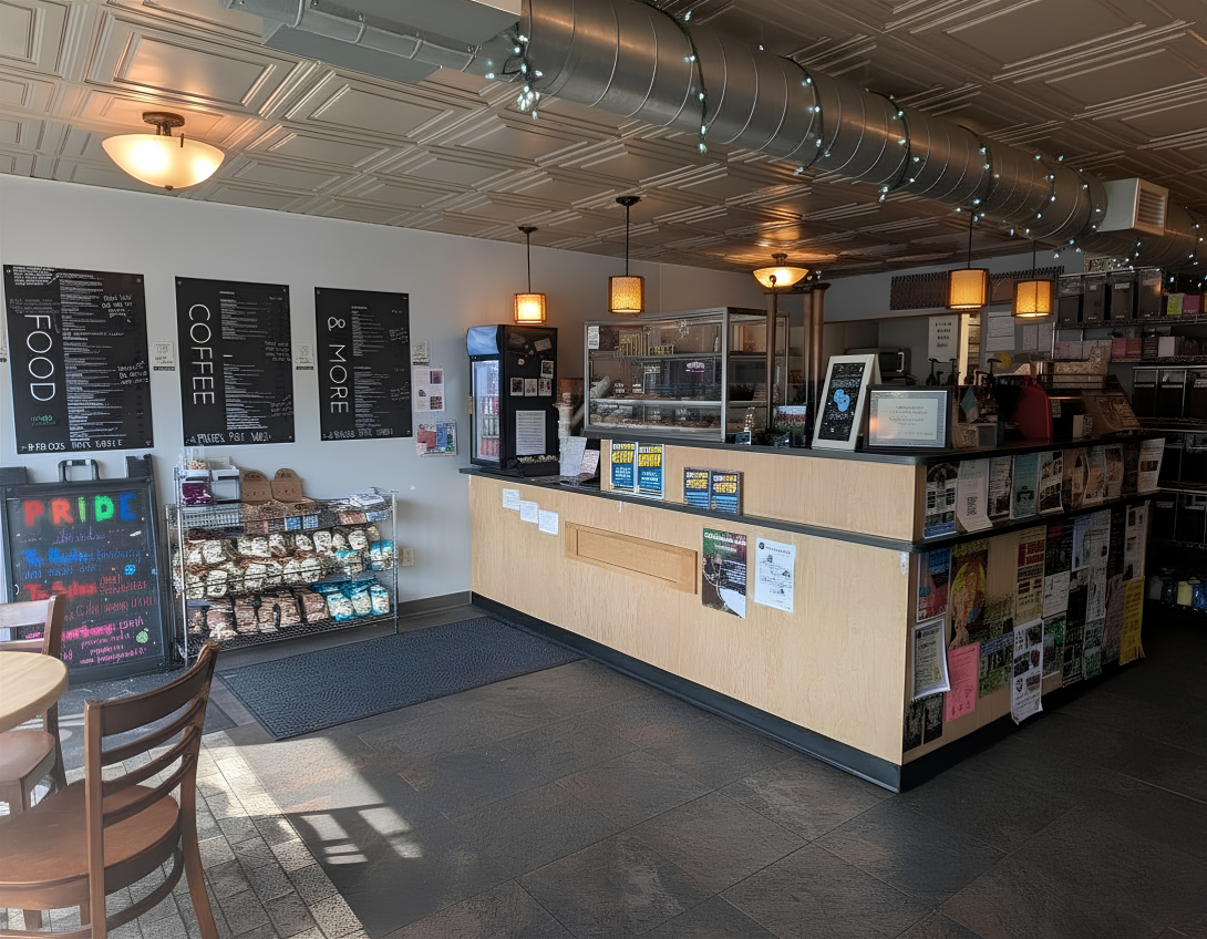 Coffee shop counter with menu boards, shelves with baked goods, and colorful decorations.