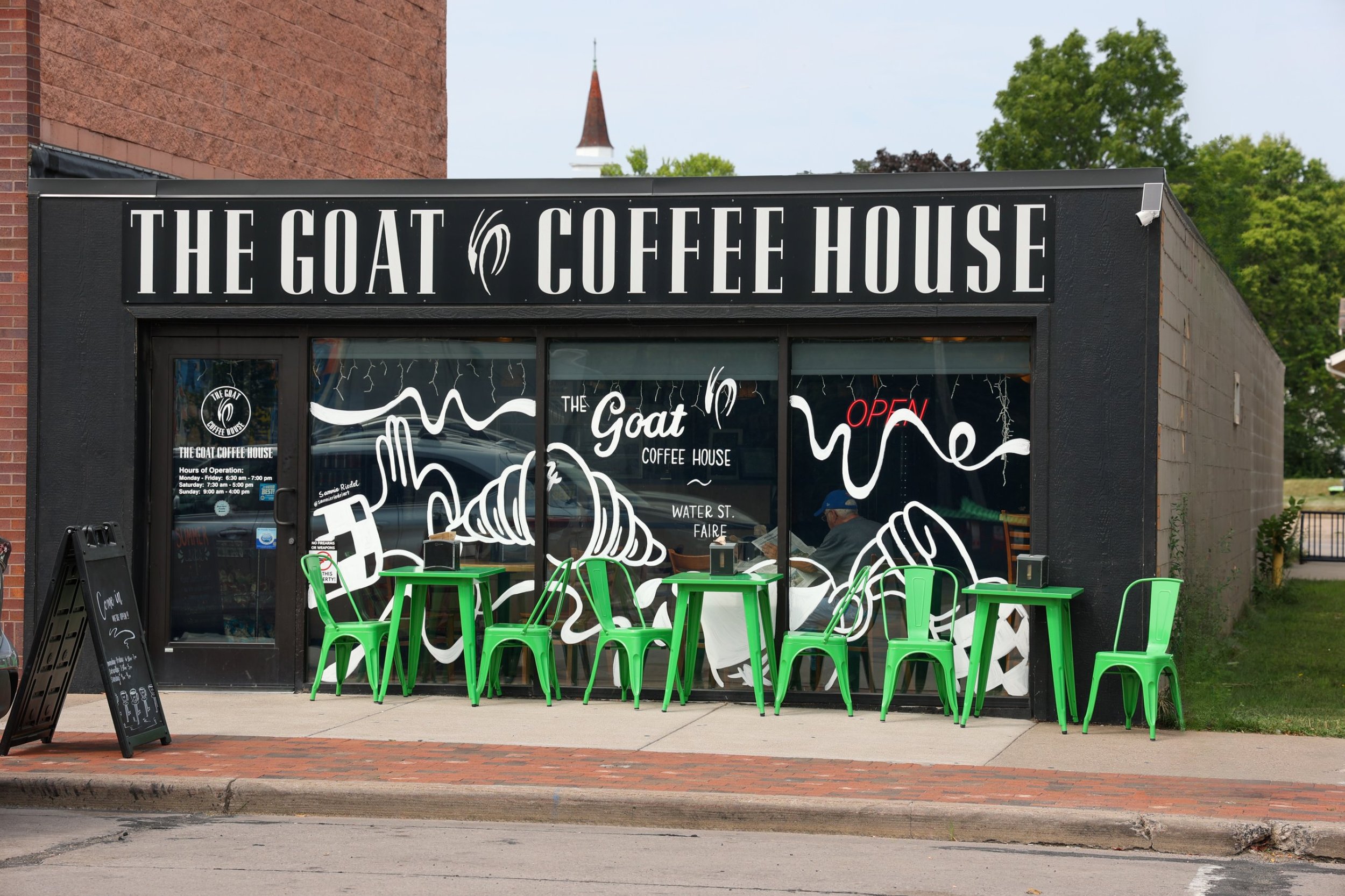 Goat Coffee Front with Green Chairs