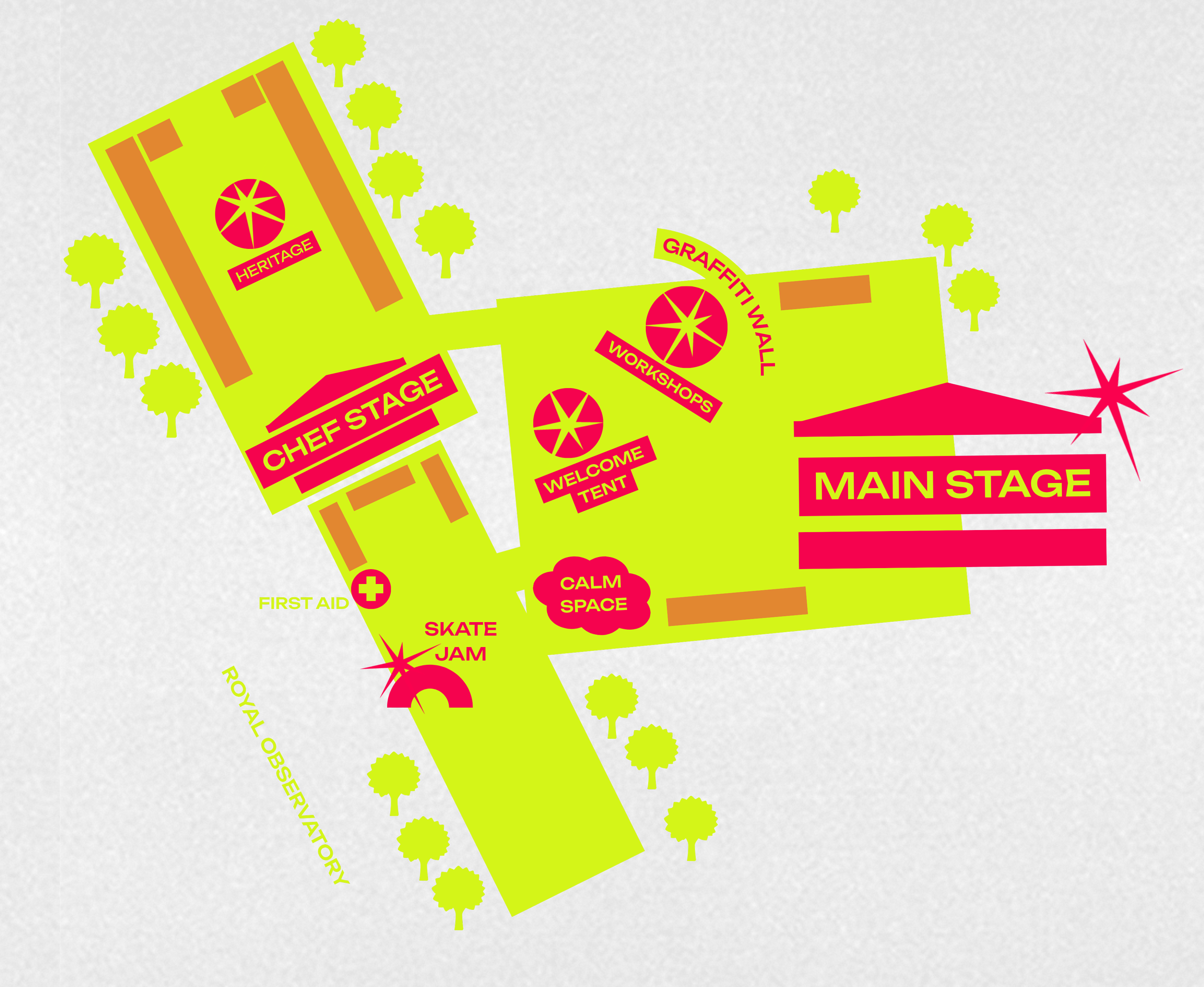 Colorful map layout of an event area with stages, tents, and various zones labeled, surrounded by small trees on a gray background.