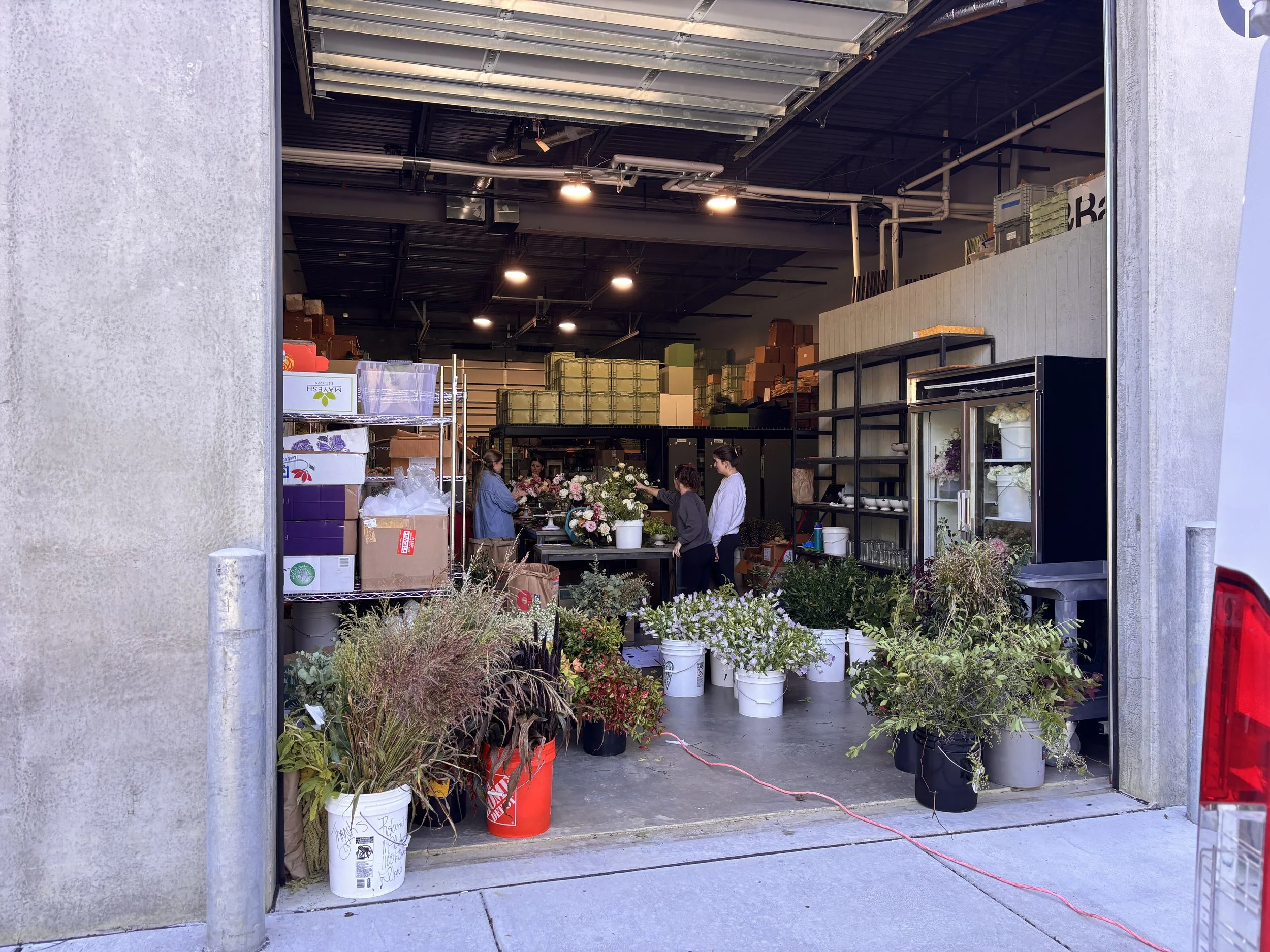 View of a flower shop seen through a roll-up garage opening, with various potted plants and flowers on display inside and outside and people arranging flowers inside.