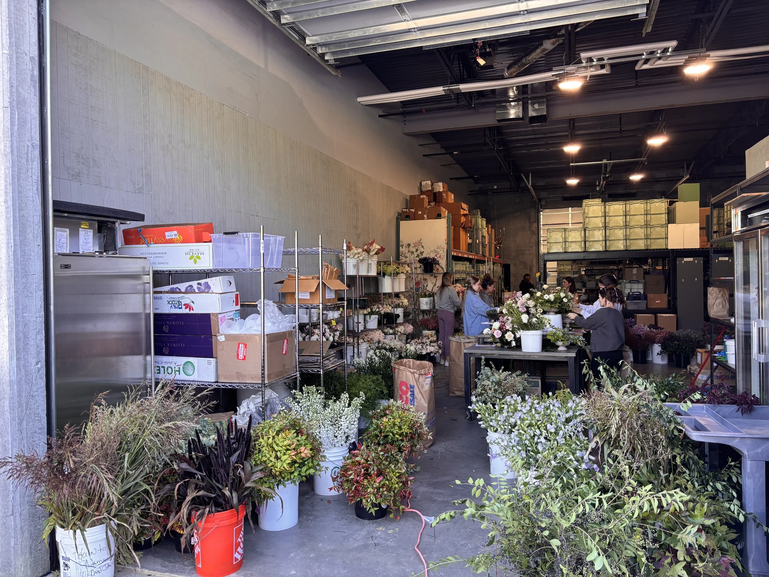 Inside view of a flower shop with shelves of boxes and various potted plants and flowers, with customers and staff preparing floral arrangements.