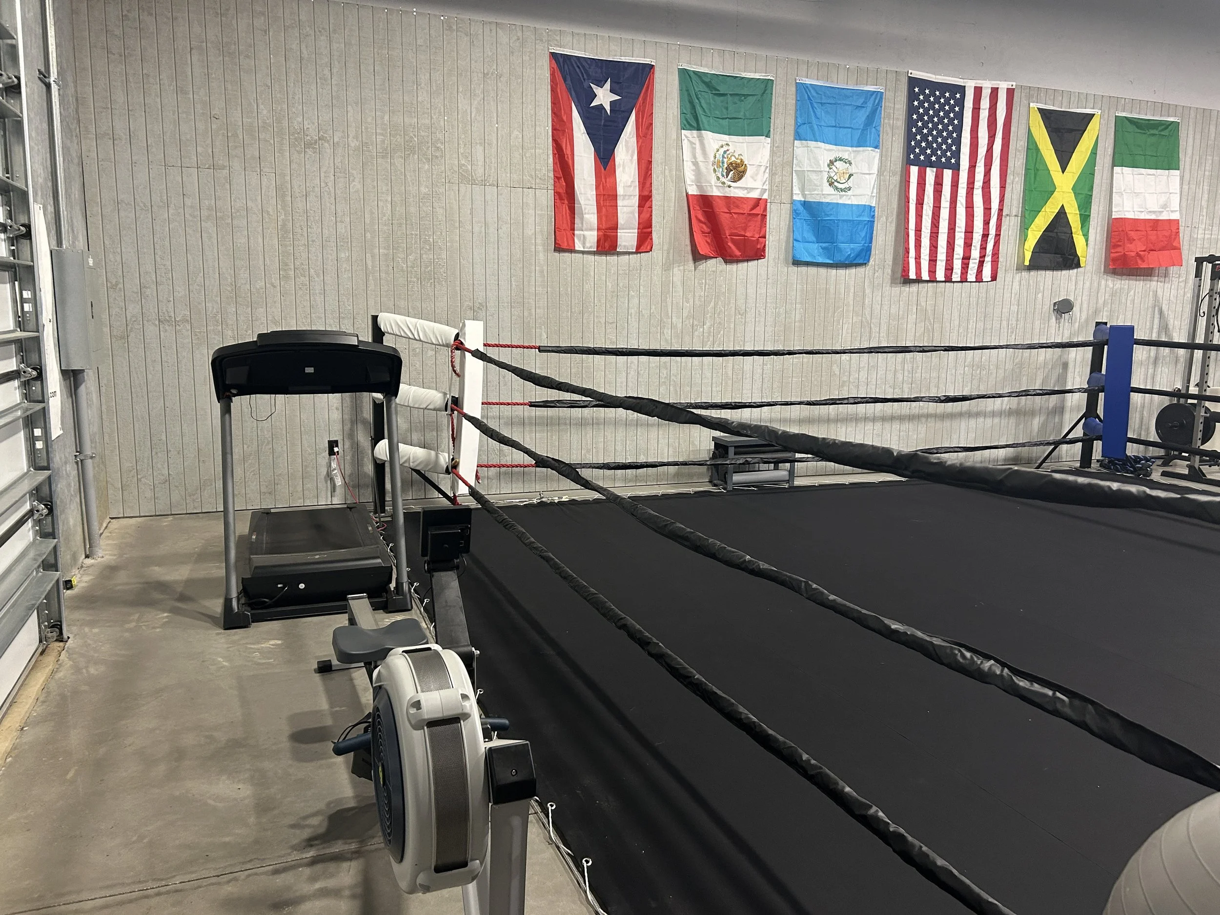 Boxing gym with five flags hanging on a beige wall: Puerto Rico, Mexico, Guatemala, United States, Jamaica, and Italy. Boxing ring in the foreground with gloves, timer, and treadmill nearby.