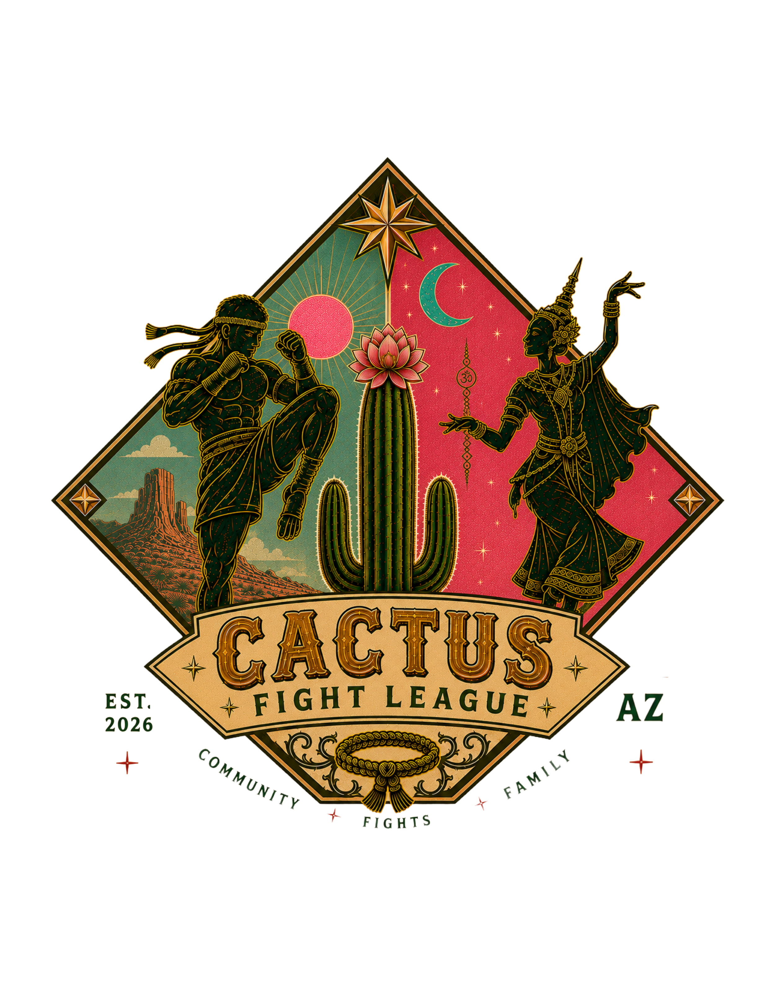 A colorful graphic featuring a male and female warrior in traditional attire, standing on opposite sides of a large cactus, with a star, moon, and sun in the background. The text reads "Cactus Fight League AZ," established in 2026, emphasizing community, family, and fighting themes.