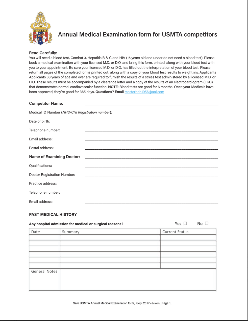 Medical exam form required by USMTA