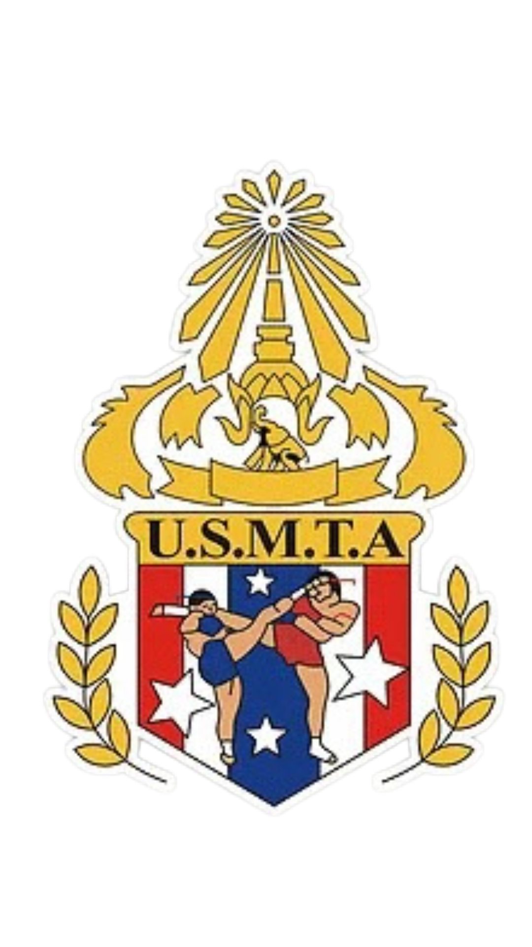 U.S. Martial Arts logo featuring two martial artists in a high kick stance, a shield with stars and stripes, and a gold crest with an eagle, laurel leaves, and the initials U.S.M.T.A.