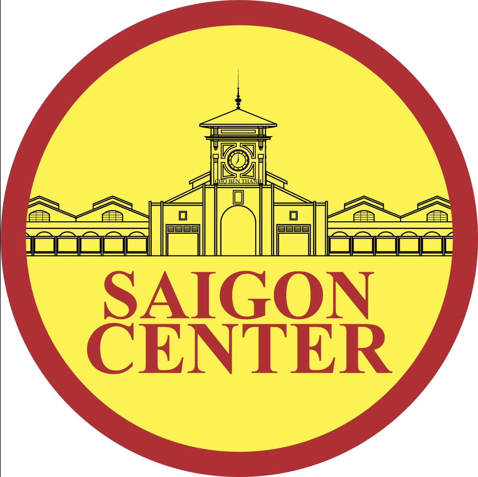Logo for Saigon Center featuring a yellow circle with red and black outline. An illustration of a historic building with a clock tower is at the top, and the text "Saigon Center" in large red letters is at the bottom.
