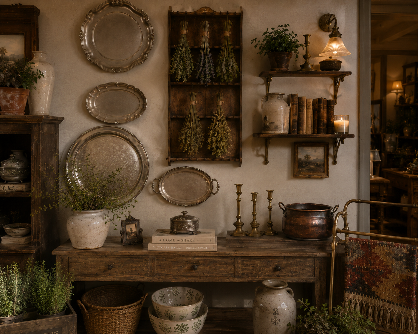 A vintage interior decor scene featuring a wooden sideboard, various silver trays, potted plants, brass candlesticks, a copper pot, shelves with books, candles, and dried herbs hanging on the wall.
