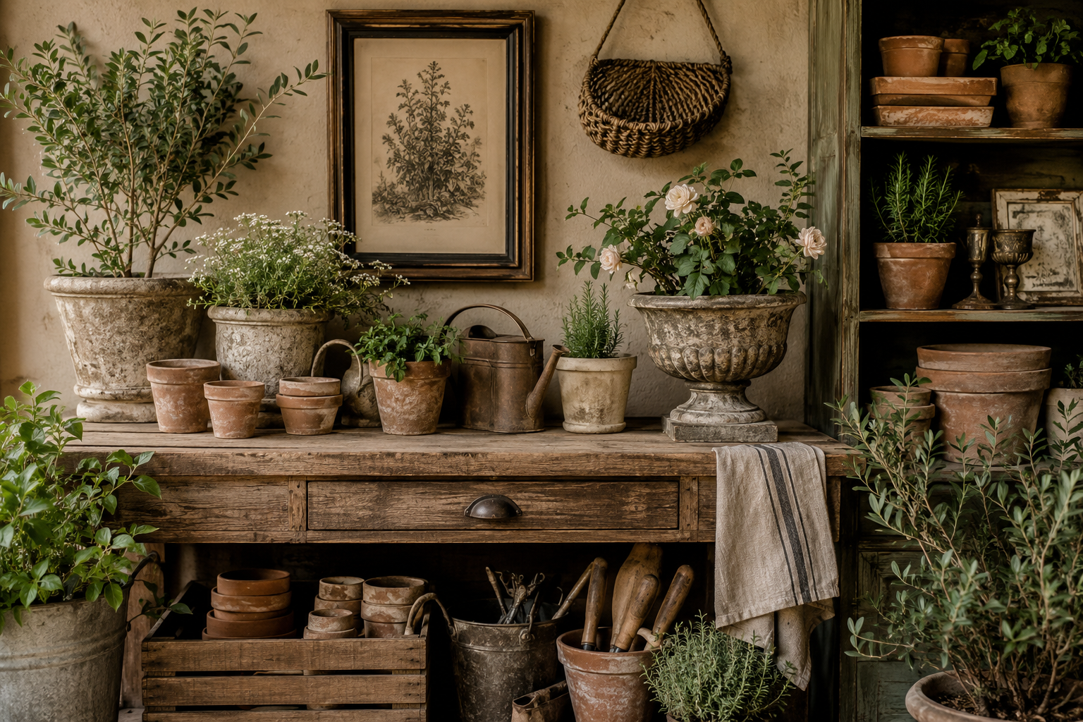 A rustic wooden table with potted plants, gardening tools, and clay pots, set against a wall with framed botanical art and a woven basket, all surrounded by various greenery.