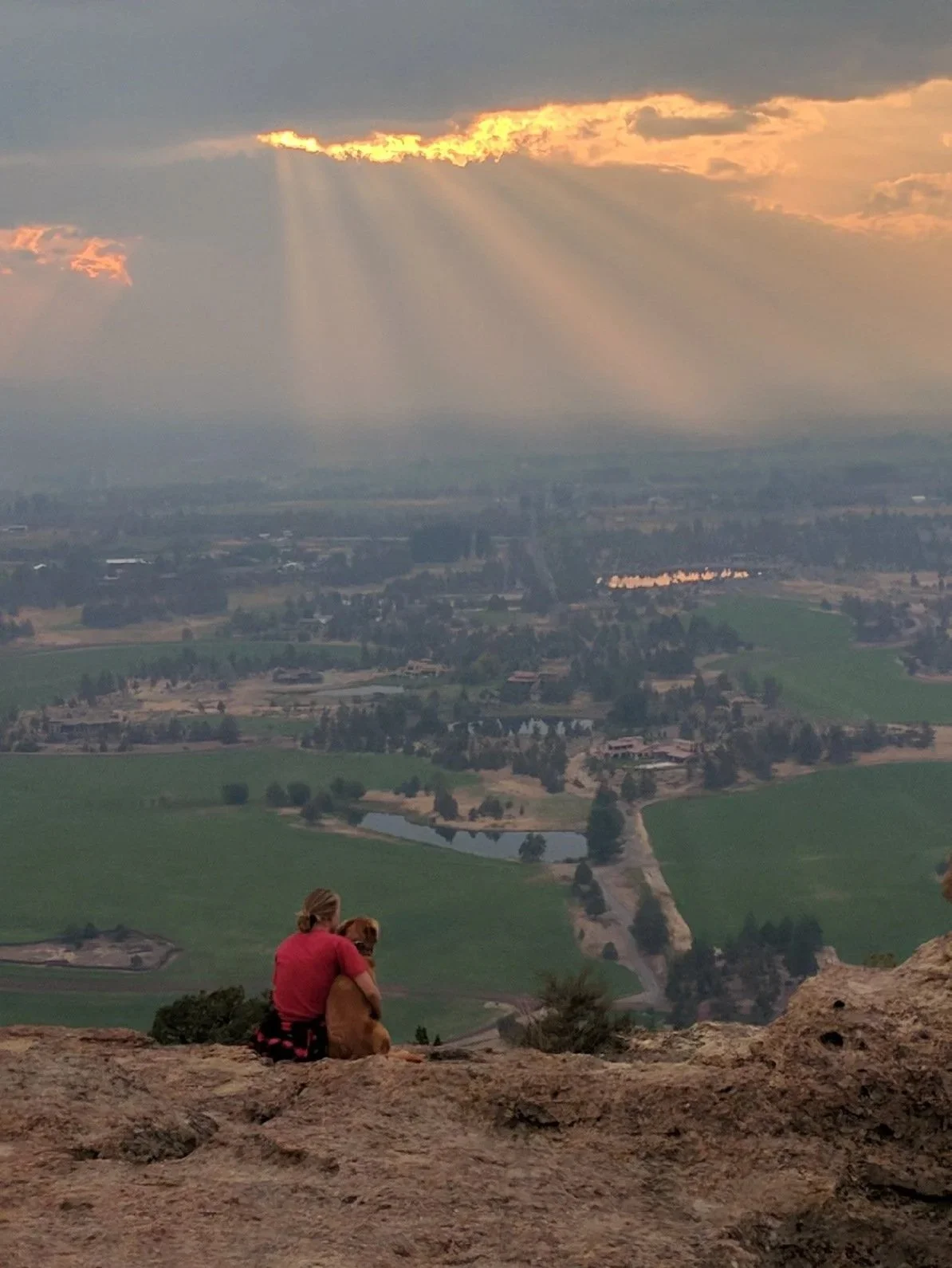 A person sitting on a rocky ledge, embracing a dog, overlooking a landscape of fields, water, and distant buildings under a cloudy sky with sun rays breaking through.