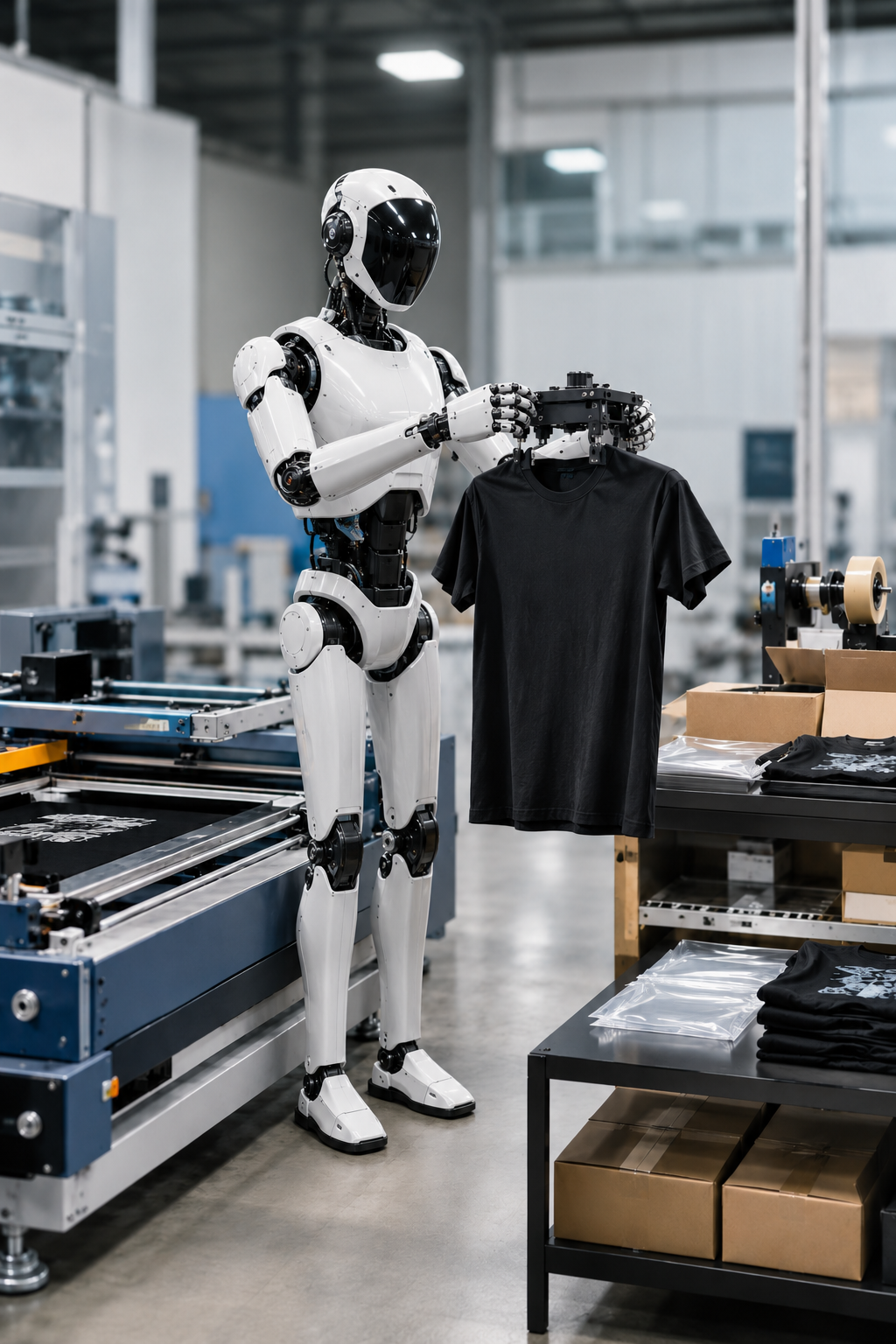 A humanoid robot holding a black T-shirt in a clothing manufacturing or packaging facility.