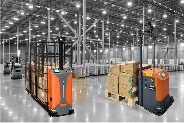 Automated robots handling boxes in a warehouse warehouse with shelves and machinery.