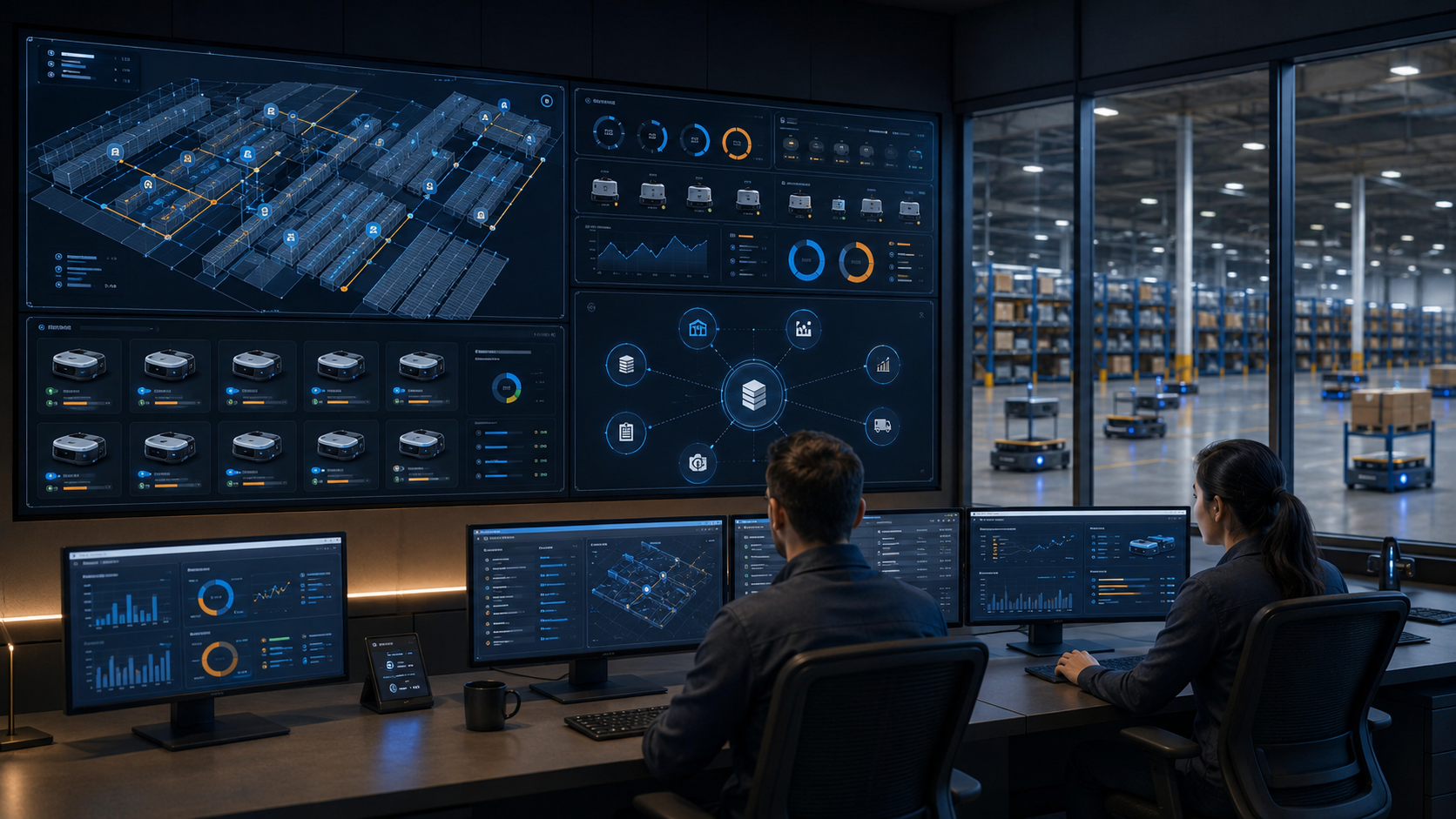 Two people sit at desks with multiple monitors displaying data and analytics for warehouse management, with a large monitor showing a warehouse layout and robotic carts in the background.