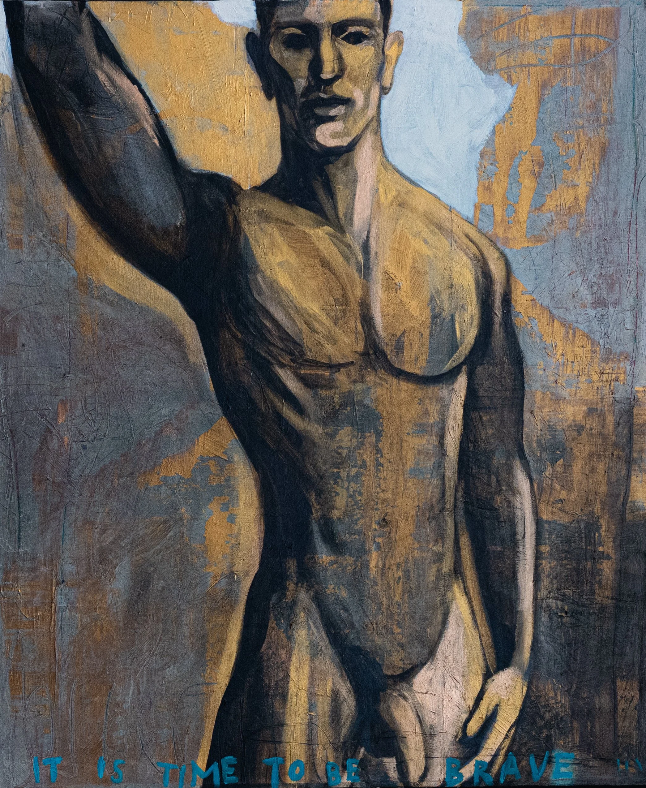 Discover It Is Time to Be Brave, an original symbolic figurative oil painting by Hrvoje Majer exploring courage, heroism and authenticity through a contemporary archetype inspired by timeless ideals.