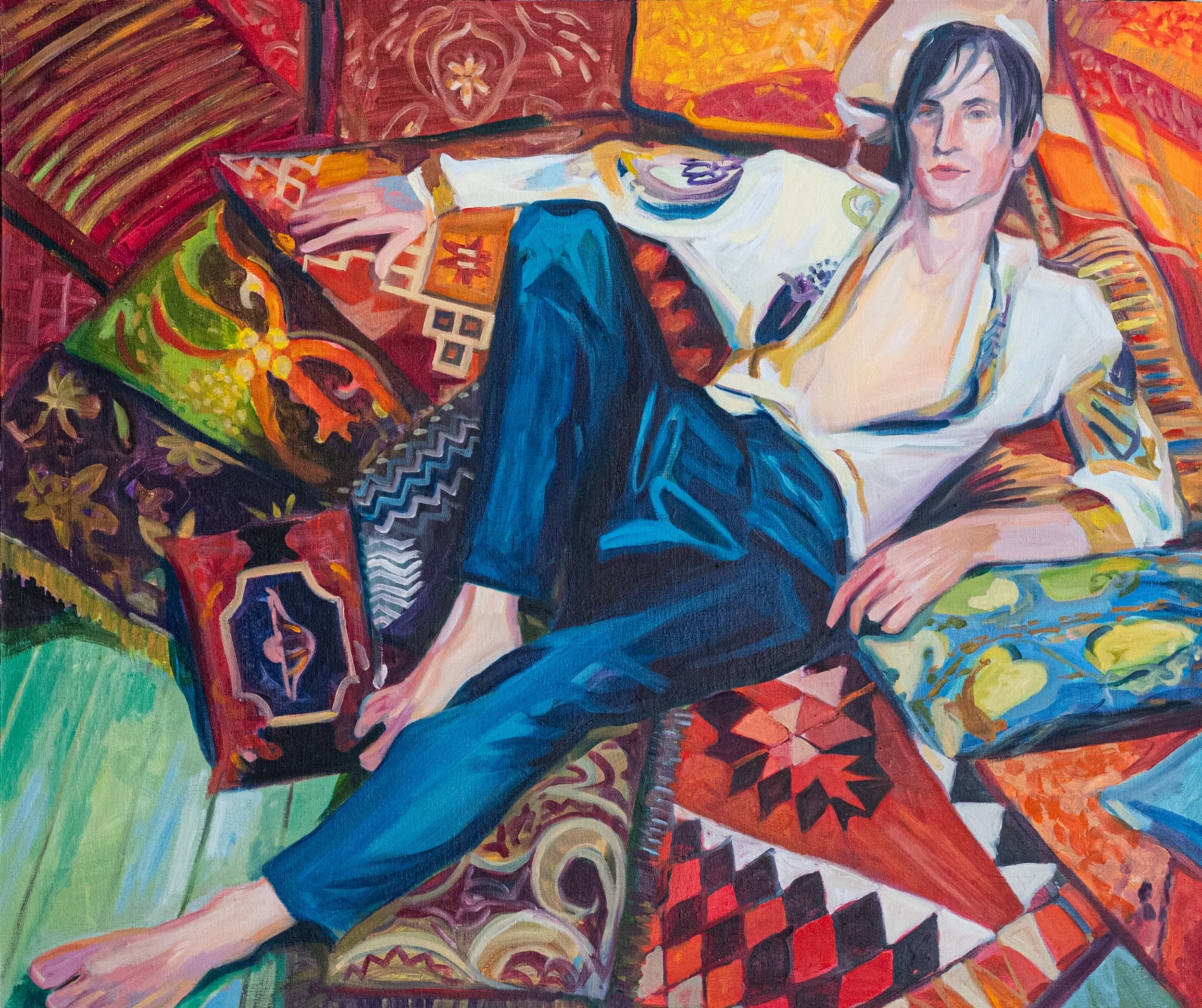 Discover Dokolica II, an original figurative oil painting by Hrvoje Majer. This contemporary artwork explores stillness, creativity, presence and the quiet joy of simply doing nothing.
