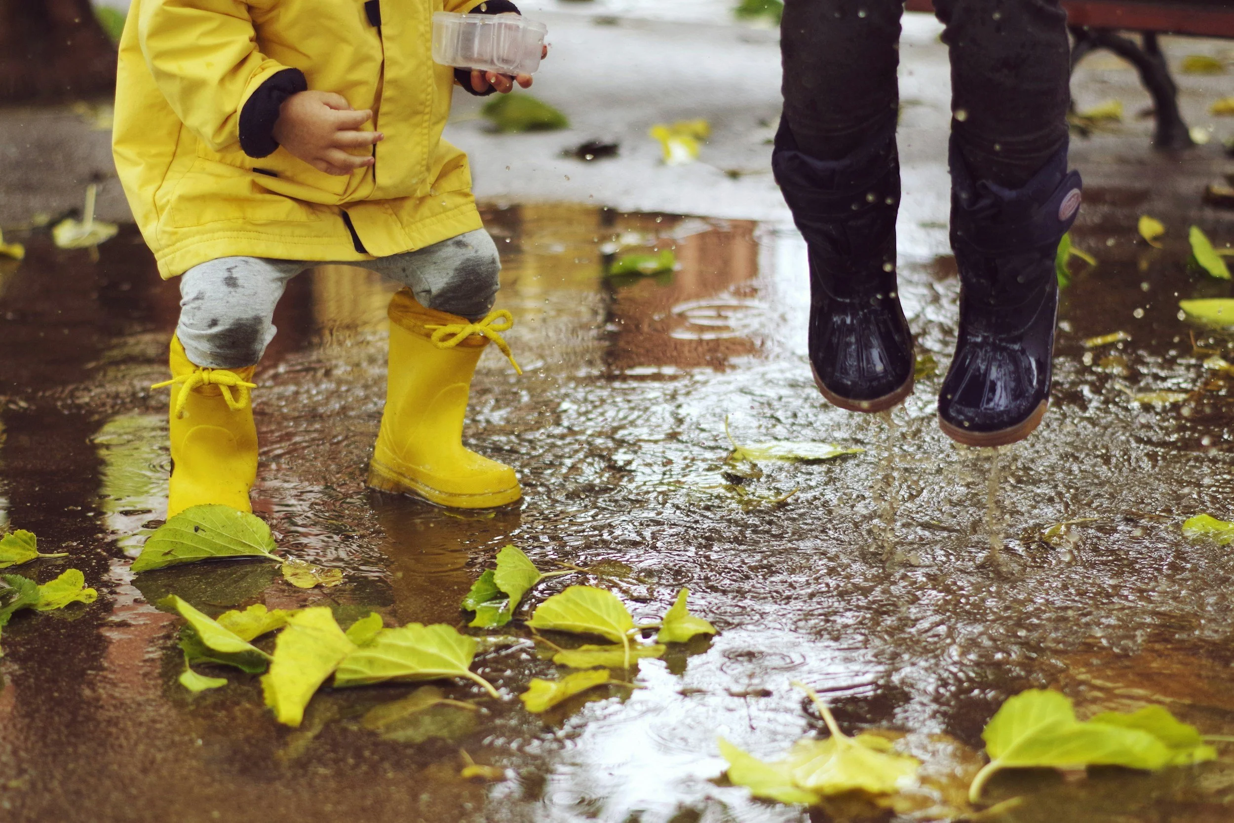 Close-up of children wearing yellow and black rain boots playing in a wet puddle surrounded by fallen yellow and green leaves during rainy weather.