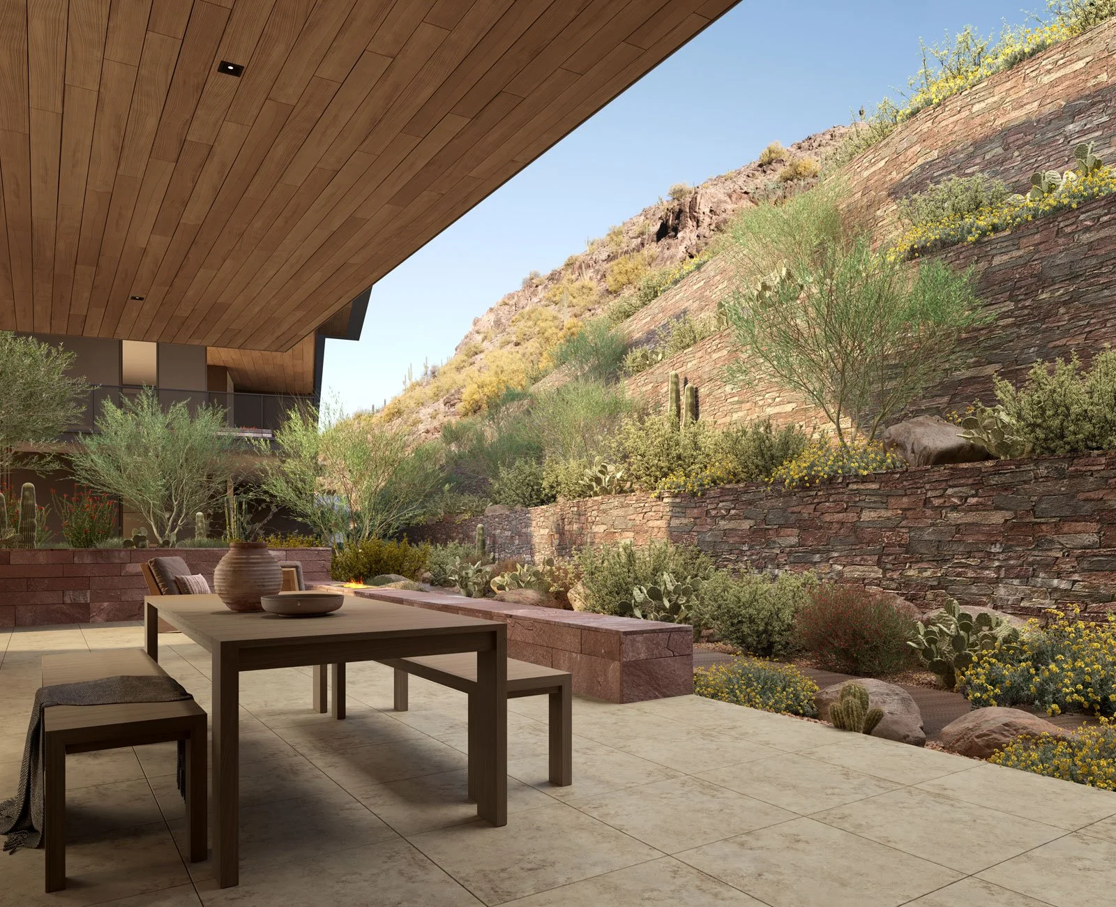 Patio with dining and views of Camelback Mountain